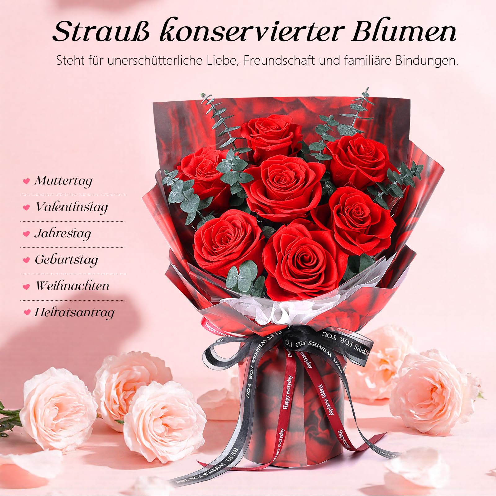 7 Ewige Rote Rosen Strauß, Infinity konservierte Blumen, Geschenk für Sie
