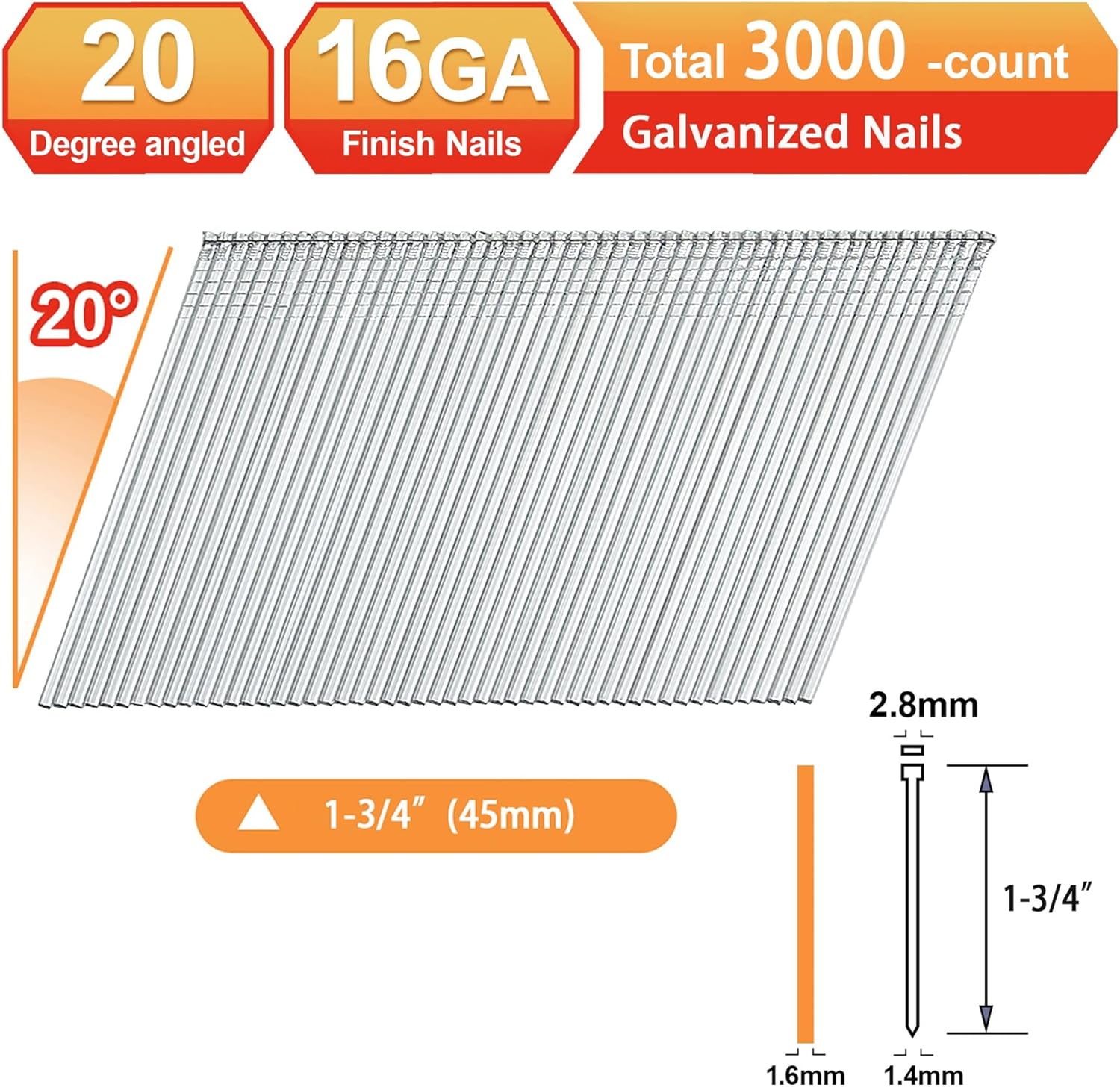 16 Gauge Angled Finish Nails,20-Degree,Galvanized Assorted Size Project Pack,Suitable for 20-22° Pneumatic,Electric Angled Finish Nailer(1-3/4":3000PCS)