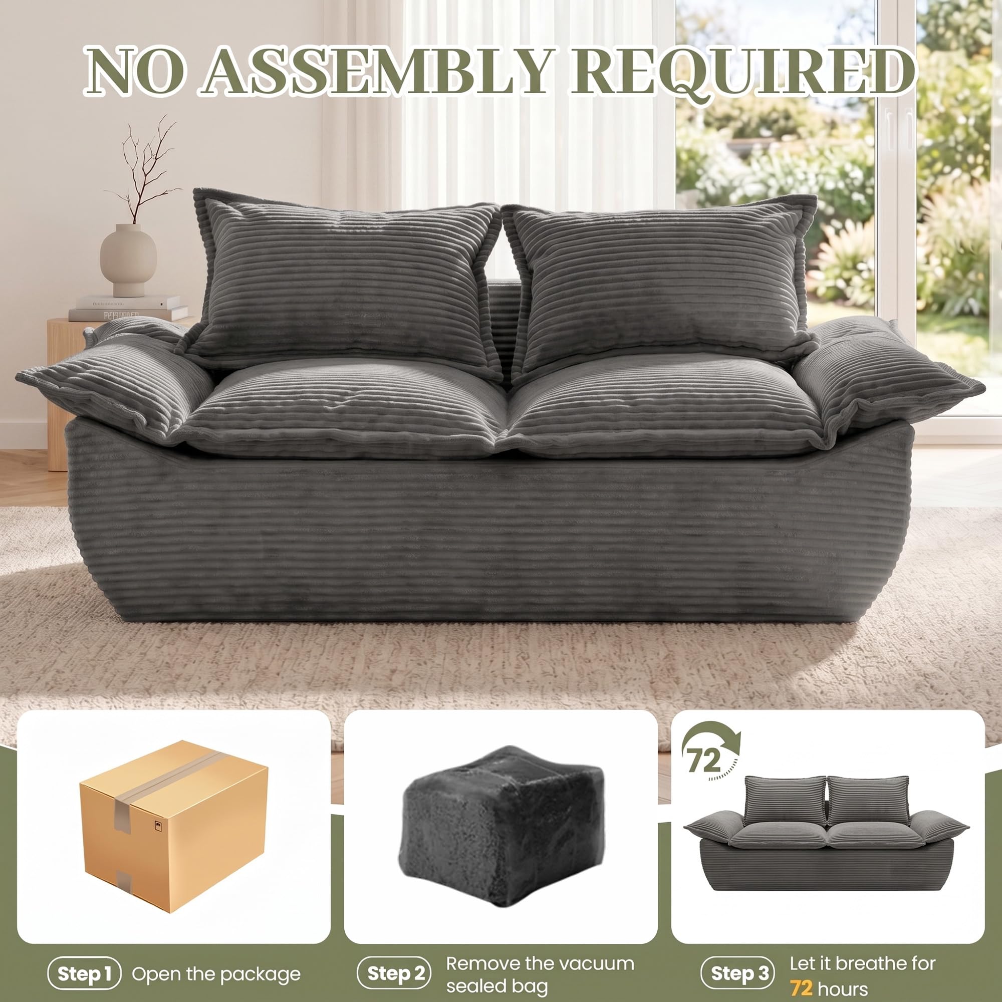55" Convertible Corduroy Sofa Bed, Boneless Foldable Loveseat Sleeper Couch, Compressed Foam Floor Sofa with Removable Cushions & Pillows for Small Space Living Room