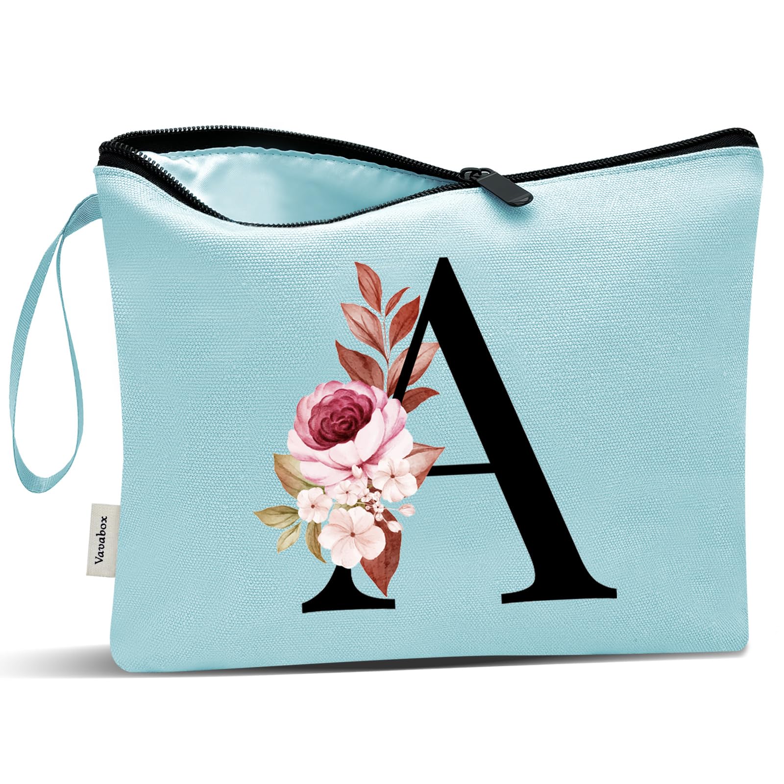 Vavabox A-Z Personalized Makeup Bag, Birthday Gifts for Women Mom, Gifts for Best Friend, Bride Bridesmaid Cosmetic bag (A, Aqua)