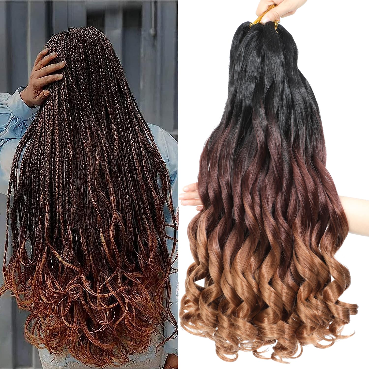 French Curl Braiding Hair 20 Inch 8 Packs Curly Braiding Hair Pre Stretched French Curls Braiding Extension Curl Crochet Braids Spiral Extensions (1B/33/30#