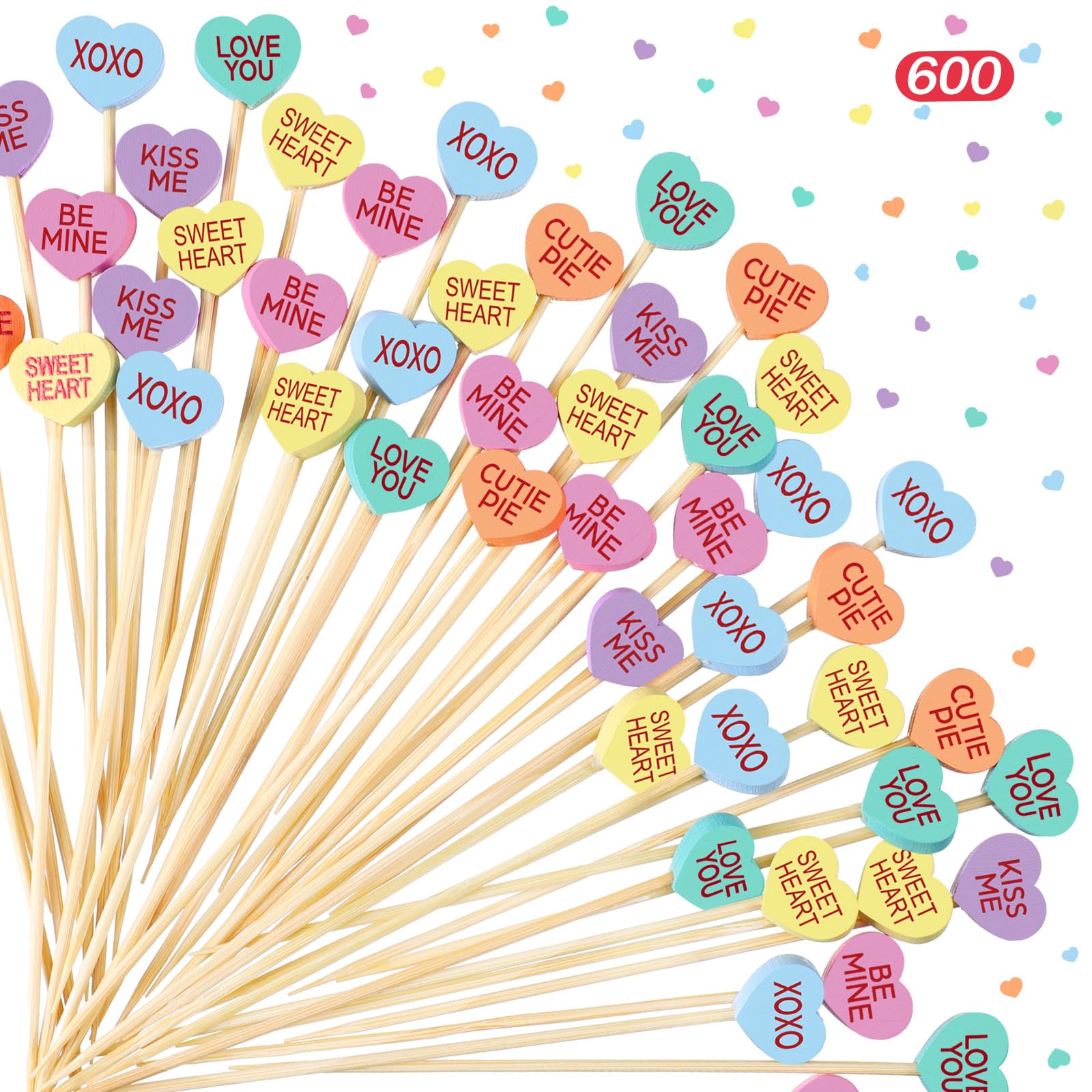 Maxcheck 600 palillos de cóctel para el día de San Valentín, 4.7 pulgadas, corazones surtidos, palillos de bambú para aperitivos, palitos de frutas para decoración de fiestas, 6 estilos (corazón)