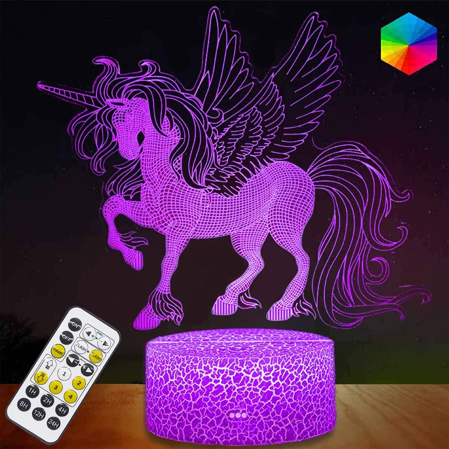 HutaoLi 3D Dimmable with Timing Function Remote and Smart Touch 16 Colors Changing Unicorn LED Night Light for Kids