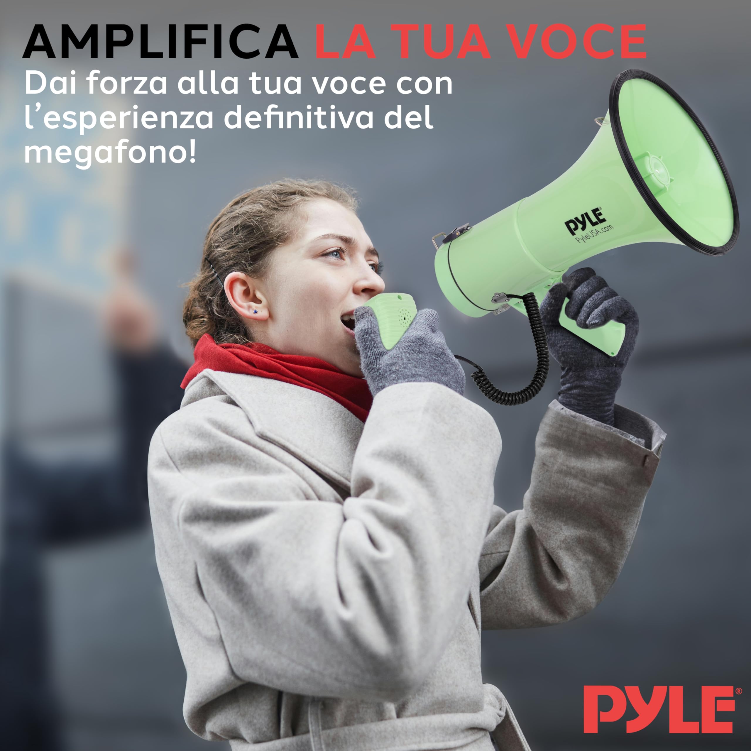 Pyle Megafono Portatile 50 Watt, Sirena Automatica, Megafono Volume Regolabile, Portata Fino a 1100 m², Ingresso Aux, Voce, Sirena, Musica, Fischio, Registrazione, Tracolla