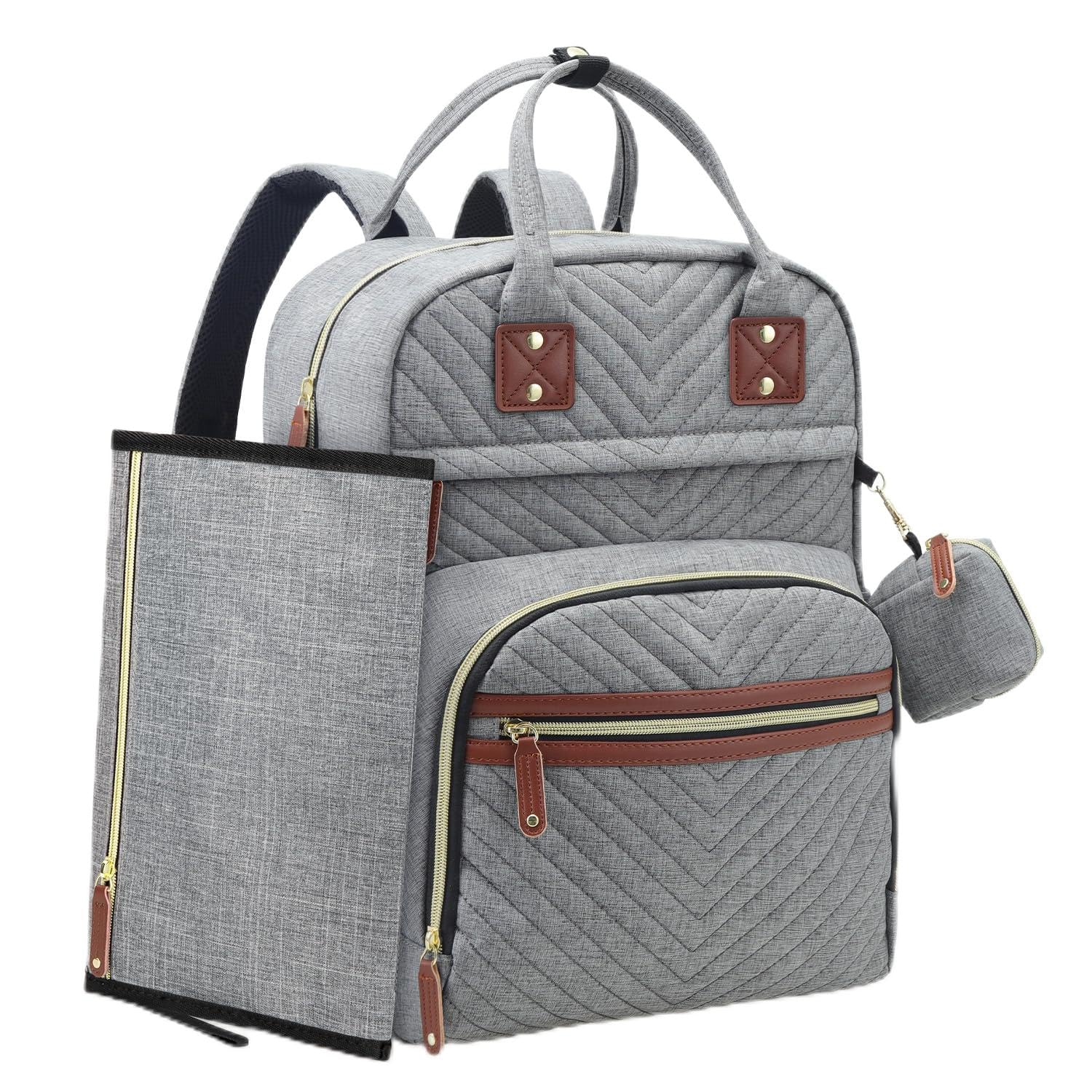 Tuwubi Diaper Bag Backpack with Changing Pad,Baby Essentials, Multi function Waterproof Backpack with Stroller Straps & Pacifier Case Light Grey