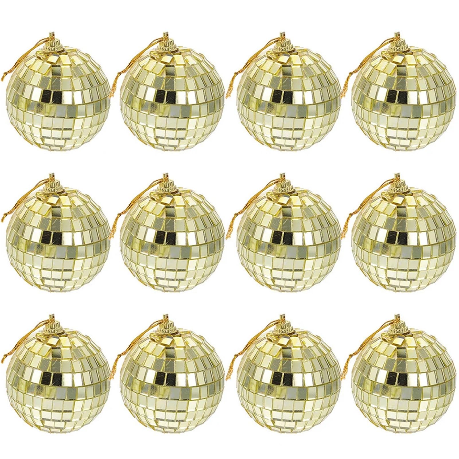 12 Uds Bola de Discoteca decoración Bolas Adornos Espejo Dorado Colgante de Discoteca para Boda, CumpleañOs Y DecoracióN Luminosa De Fie