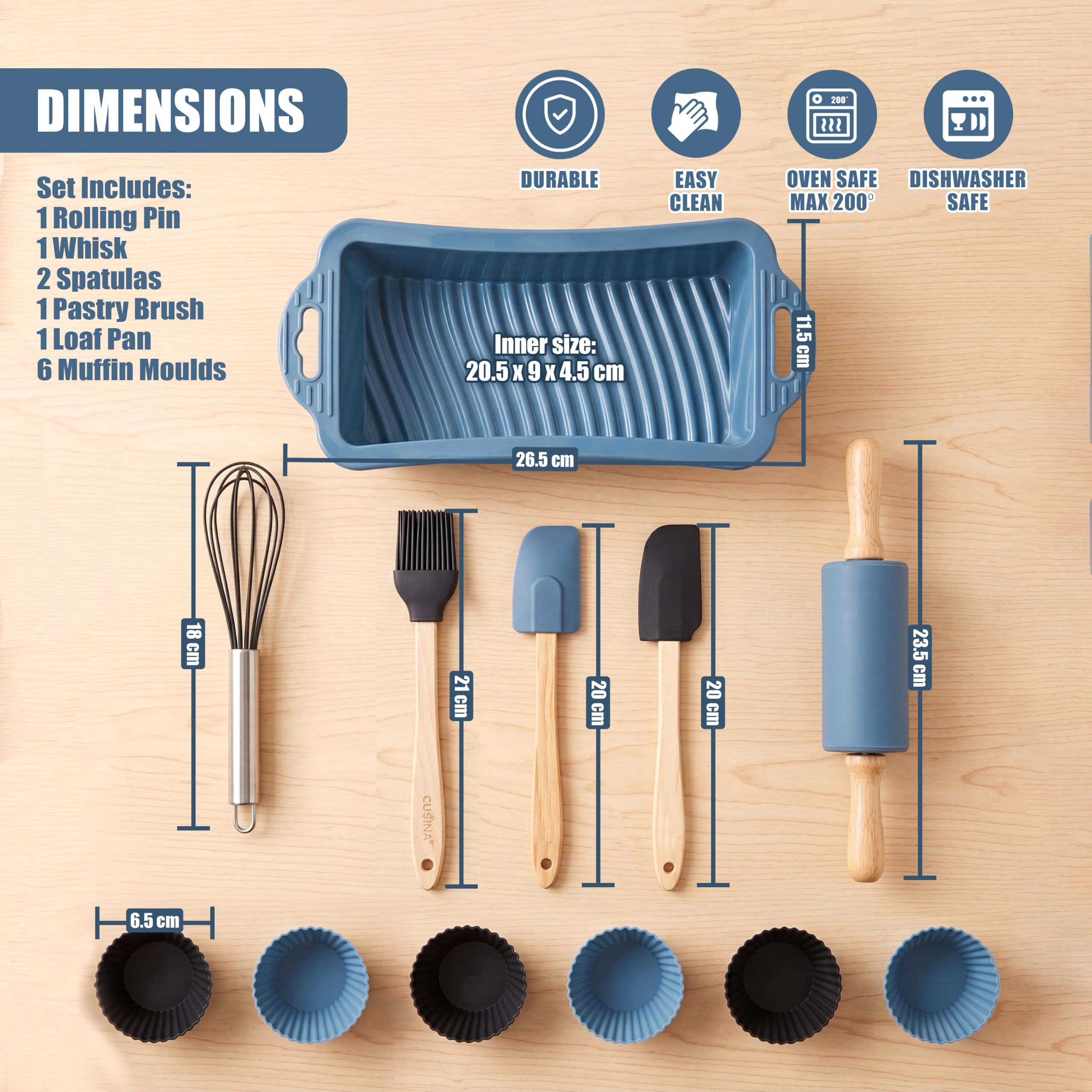 Silikon Backset für Kinder inkl Backform, Teigroller, Spatel, Pinsel, Schneebesen