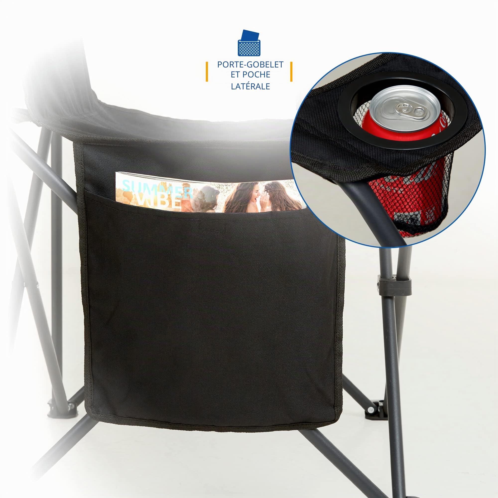 Sunmer Lot de 2 chaises de Camping Pliantes, Extra Larges et légères avec accoudoirs, Porte-gobelet et Poche latérale, capacité de 120 kg par Chaise – Noir