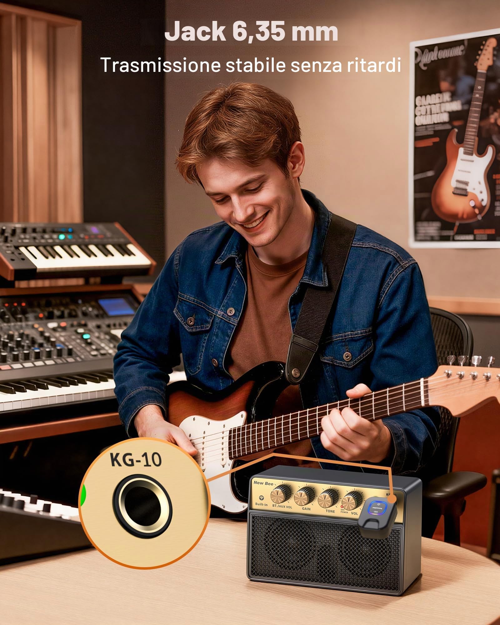 New Bee Amplificatore Chitarra Elettrica Portatile Ricaricabile 10W Mini Basso Elettrico Canale Clean & Drive 6,35mm