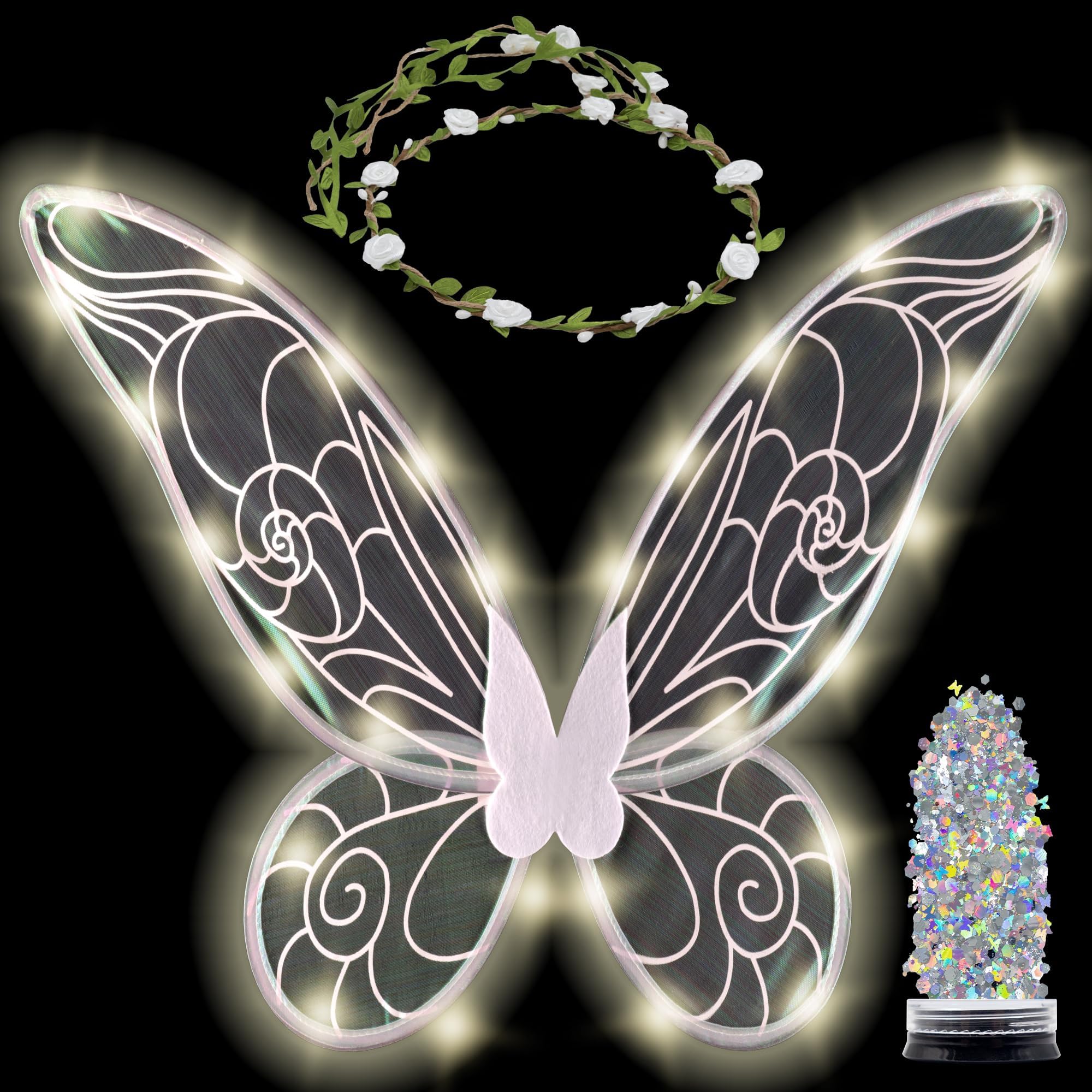 Funcredible Fairy Costume For Women and Girls - Light Up Fairy Wings and Flower Crown, Glitter - Butterfly Wings