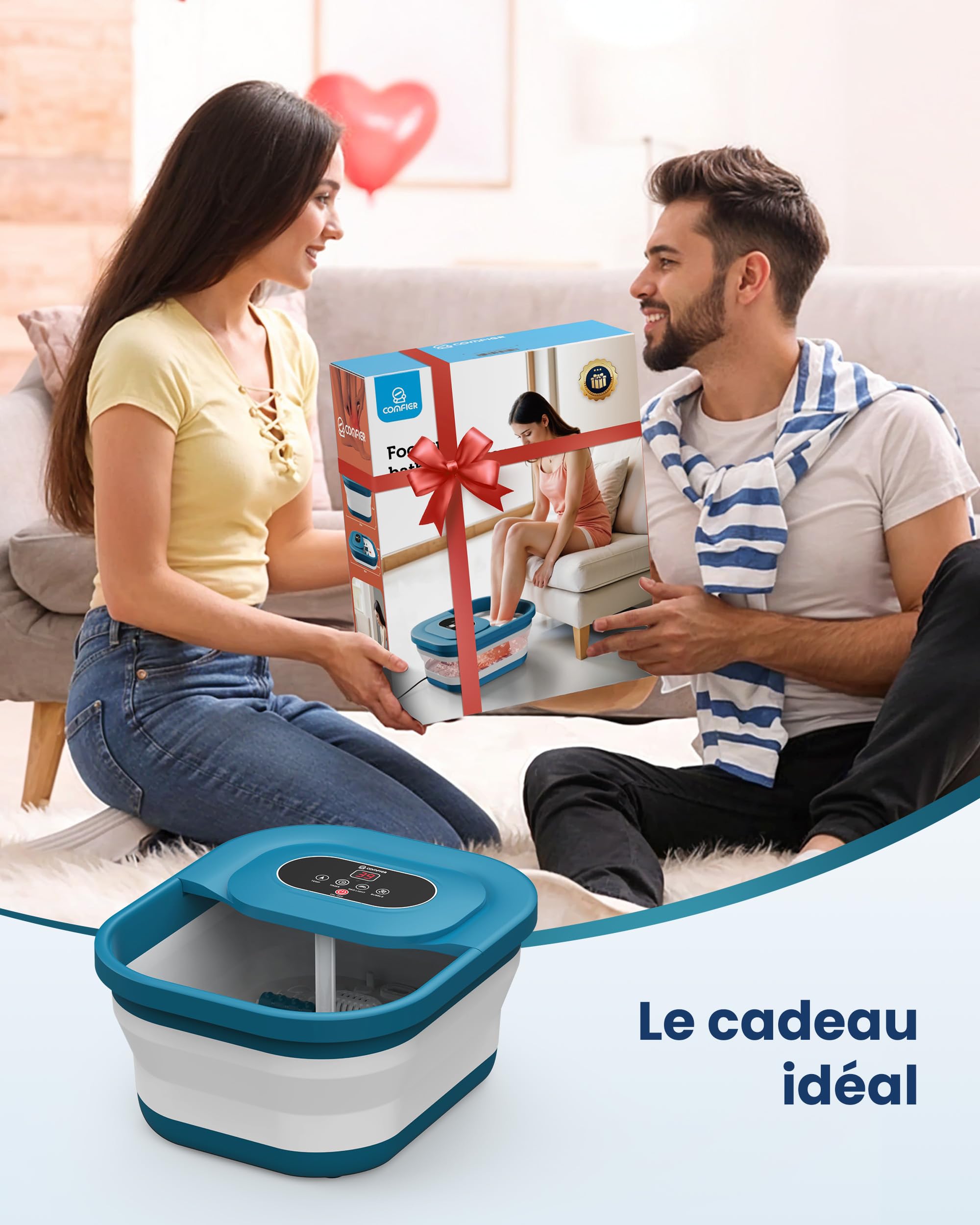 COMFIER Fußsprudelbad mit Massage und Heizfunktion | Faltbares Fußmassagegerät |Vibration & Sprudelfunktion |Timer|Pediküre Bimsstein|35℃-48℃|Fußbad mit 8 Shiatsu-Rollen (Schwarz)