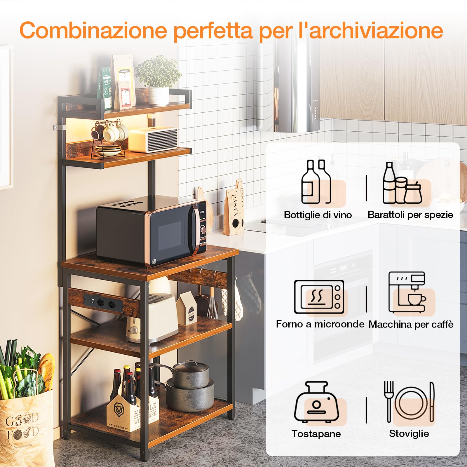 Coleshome Scaffale da Cucina con Prese Elettriche & Luci LED, Supporto per Forno a Microonde, Bar Caffè con 5 Ripiani e 5 Ganci, Struttura in Acciaio Industriale, 35x60x150 cm, Marrone Rustico