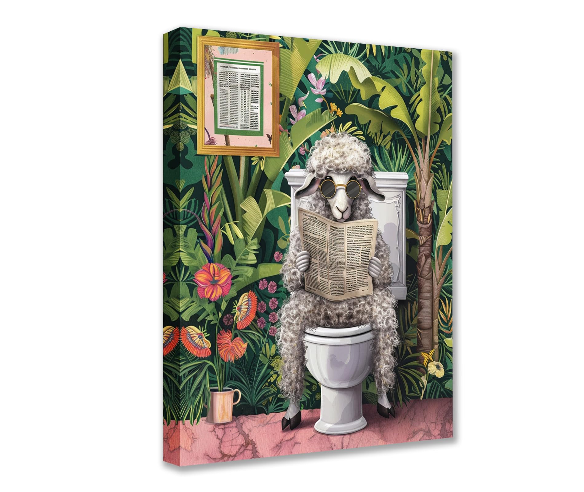 Funny Sheep on Toilet Canvas Wall Art Animal Read Newspaper Picture 1P Tropical Plant Posters Prints Cute Modern Artwork for Living Room Bedroom Home Decor Framed Gallery-Wrapped Ready to Hang