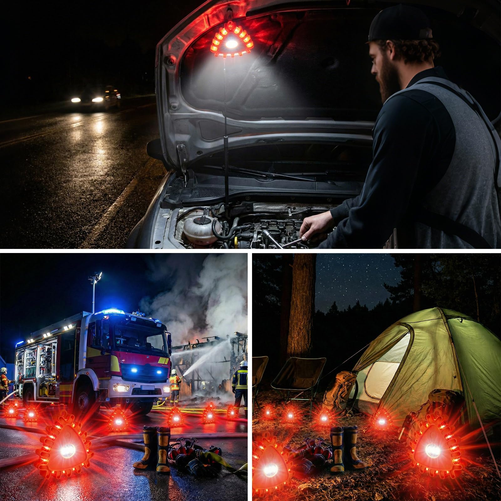CECOMBINE 3 Stück Warnleuchte, LED Warnleuchte Panne Magnetisch mit Haken, Oxford-Tasche & Schraubendreher, 9 Flash-Modi, Batteriebetrieben, IP65 Wasserdicht für Boote, LKW, Camping Wandern