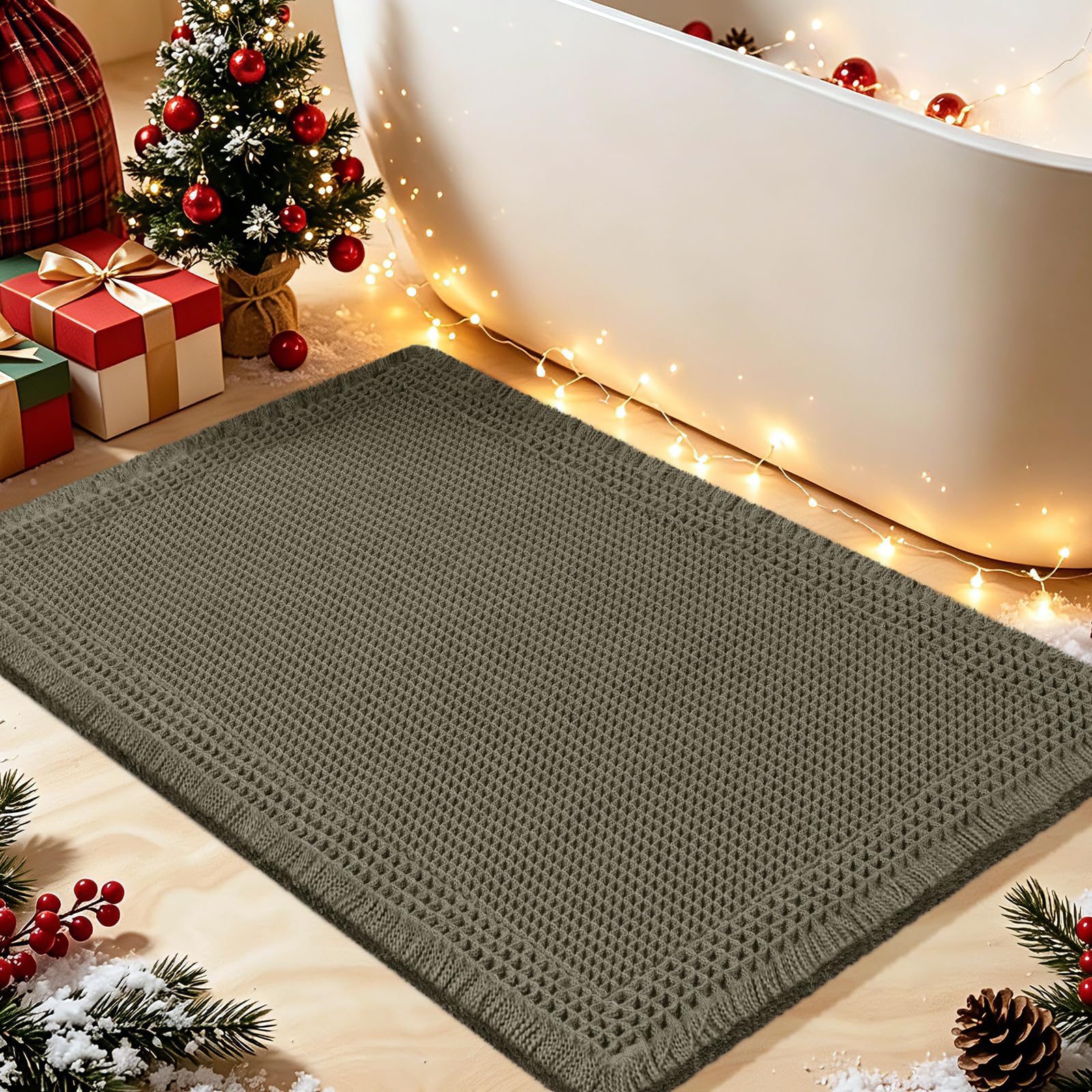 Upgrade Waffle Bath Mat, 36"x24" Greyish Green, Boho Bathroom Rugs Absorbent Non Slip, Ultra Soft Bathroom Mat, Machine Washable Knit Bath Rugs with Border for Bathroom, Bedroom, Kitchen, Shower