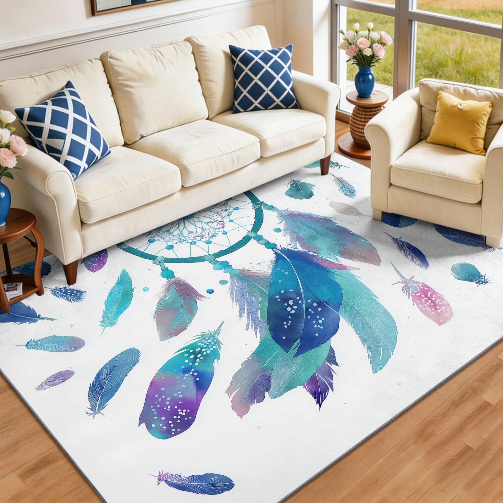 Traum Rechteckig Teppich 100 x 150 cm, Waschbarer Aquarell Traumfänger Federn Bedruckter Teppiche, Weiß rutschfest Geräuschreduzierung Teppiche für Schlafzimmer Esszimmer Küche