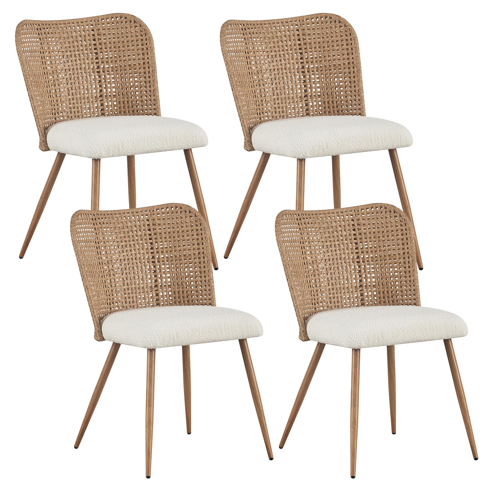 JALOURT Rattan Dining Chairs Set of 4, Upholstered Boucle Kitchen Chairs with Solid Metal Legs,Modern Accent Chair for Kitchen Dining Living Room,