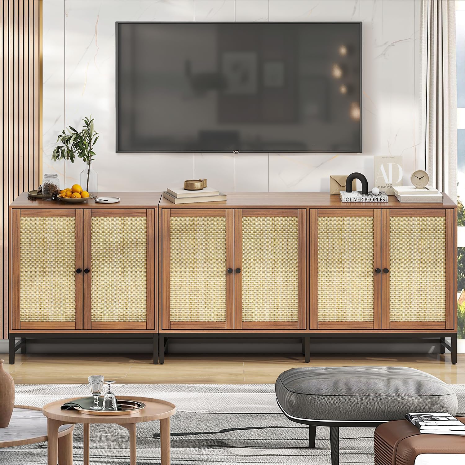 Rattan Buffet Cabinet with Storage, 90.5" Large Sideboard Accent Cabinets with 6 Doors, Mid Century Modern Console Table Cabinet for Kitchen, Living Room and Dining Room, Walnut