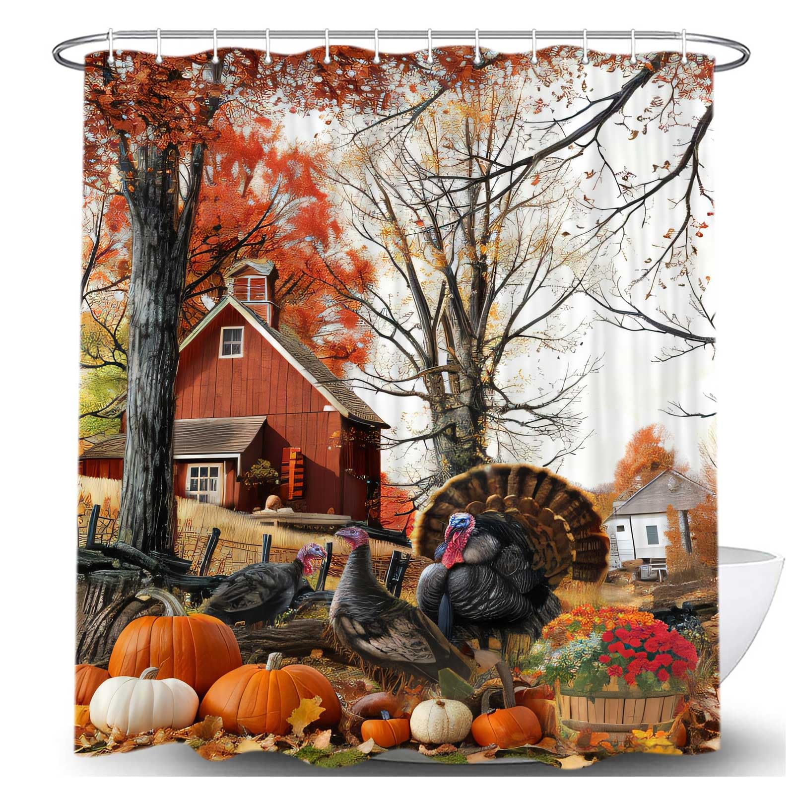 Thanksgiving Day Fall Shower Curtain for Bathroom, Rustic Autumn Farm Turkey Pumpkins Harvest Fabric Shower Curtains Set, Cute Vintage Farmhouse