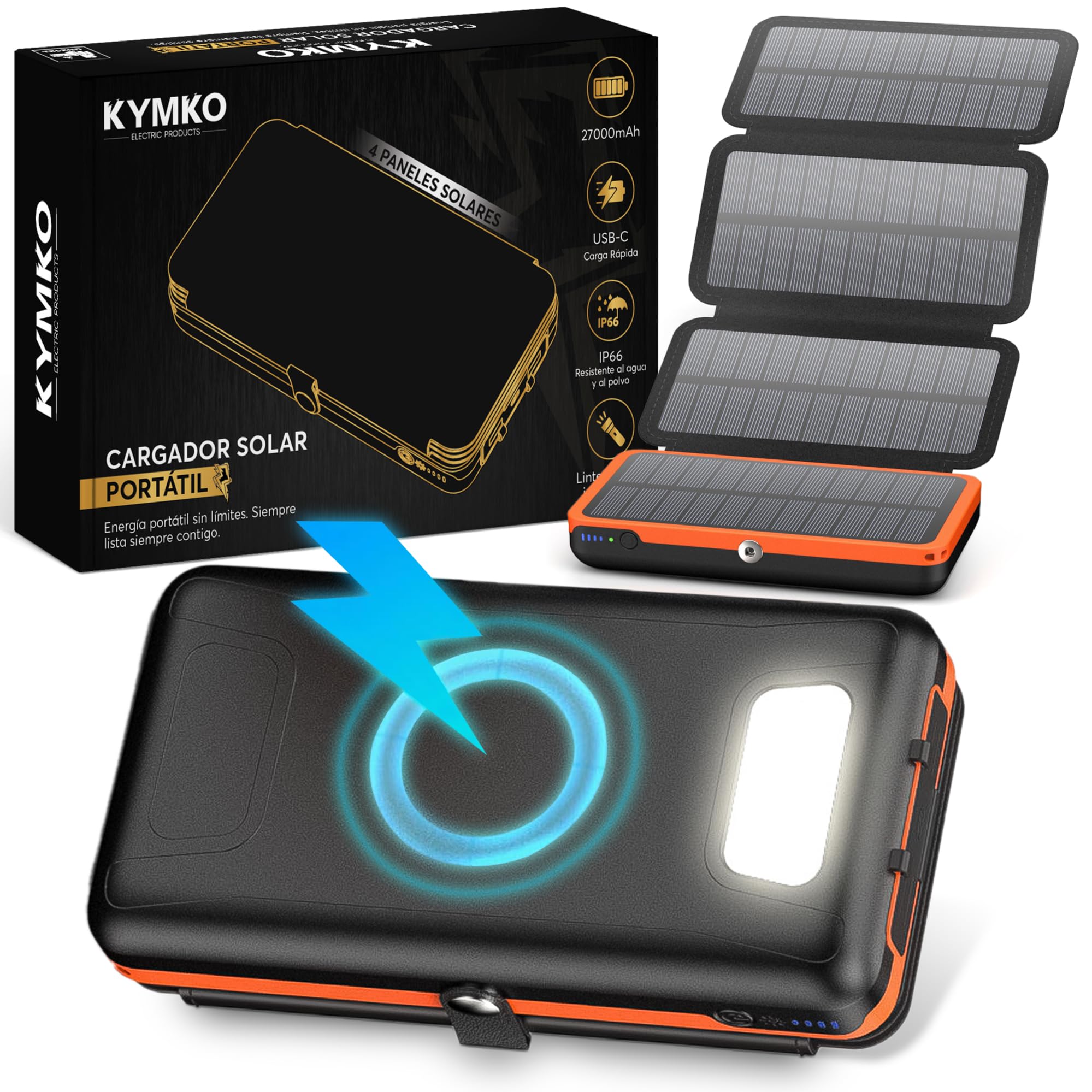 Power Bank Solare 27000mAh Con 4 Pannelli Pieghevoli - USB-C 22.5W, Torcia LED E SOS, IP66 - Per Blackout Ed Emergenze - 4