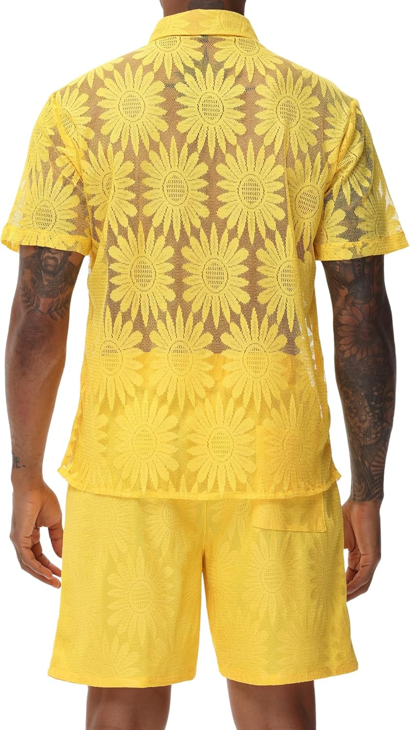 LecGee Men Summer Casual Short Sets Lace Short Sleeve Button Down Shirt Elastic Waist Shorts 2 Piece Outfits Tracksuit - Image 4