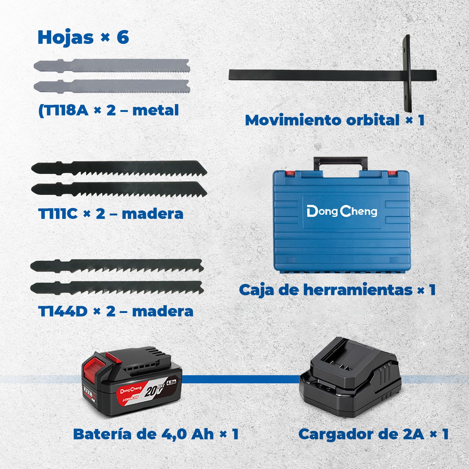Dong Cheng Sierra de Calar 18V Sin Escobillas | Orbital 800-3500 c.p.m. | Inglete 0-45° | 6 Velocidades | Con Doble LED, Soplador, Batería 4Ah, Cargador, 6 Hojas & Maletín