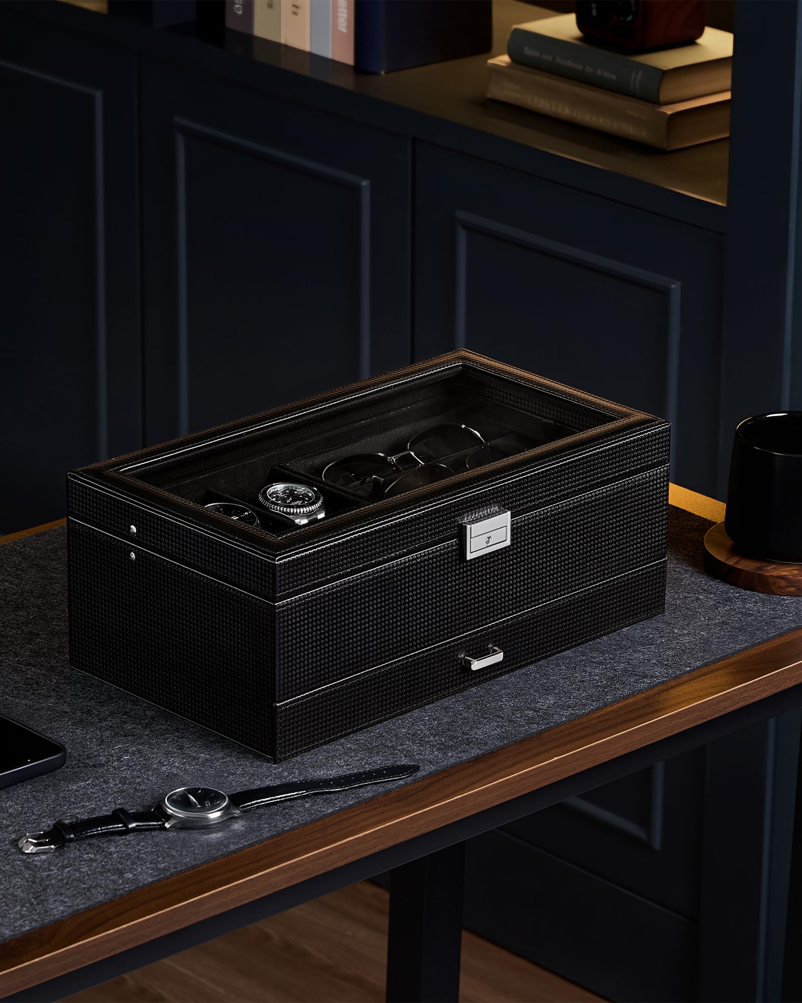 ProCase 6 Slot Uhrenbox & 3 Slot Brillenbox, 2 Ebenen Uhrenkoffer Herren Schmuckkästchen, Uhrenkasten für Sonnenbrillen Schmuck Ringe Armbänder Halsketten -Ganzschwarz
