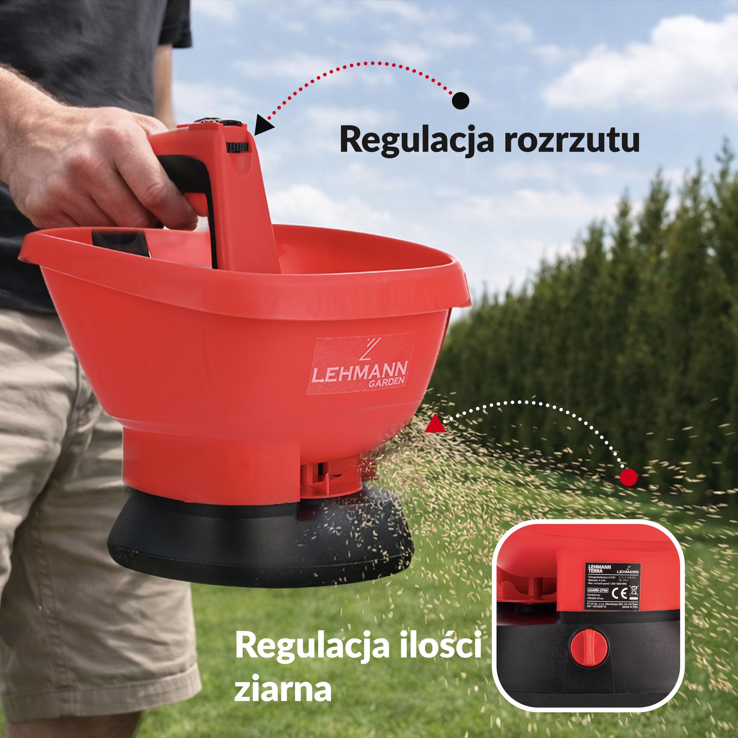 LEHMANN TERRA Rozsiewacz Uniwersalny 2,7 L – Ręczny rozsiewacz na baterie do nasion, nawozów i soli, szerokość siewu 0,2–2,7 m, 5 stopni dozowania, lekki i ergonomiczny