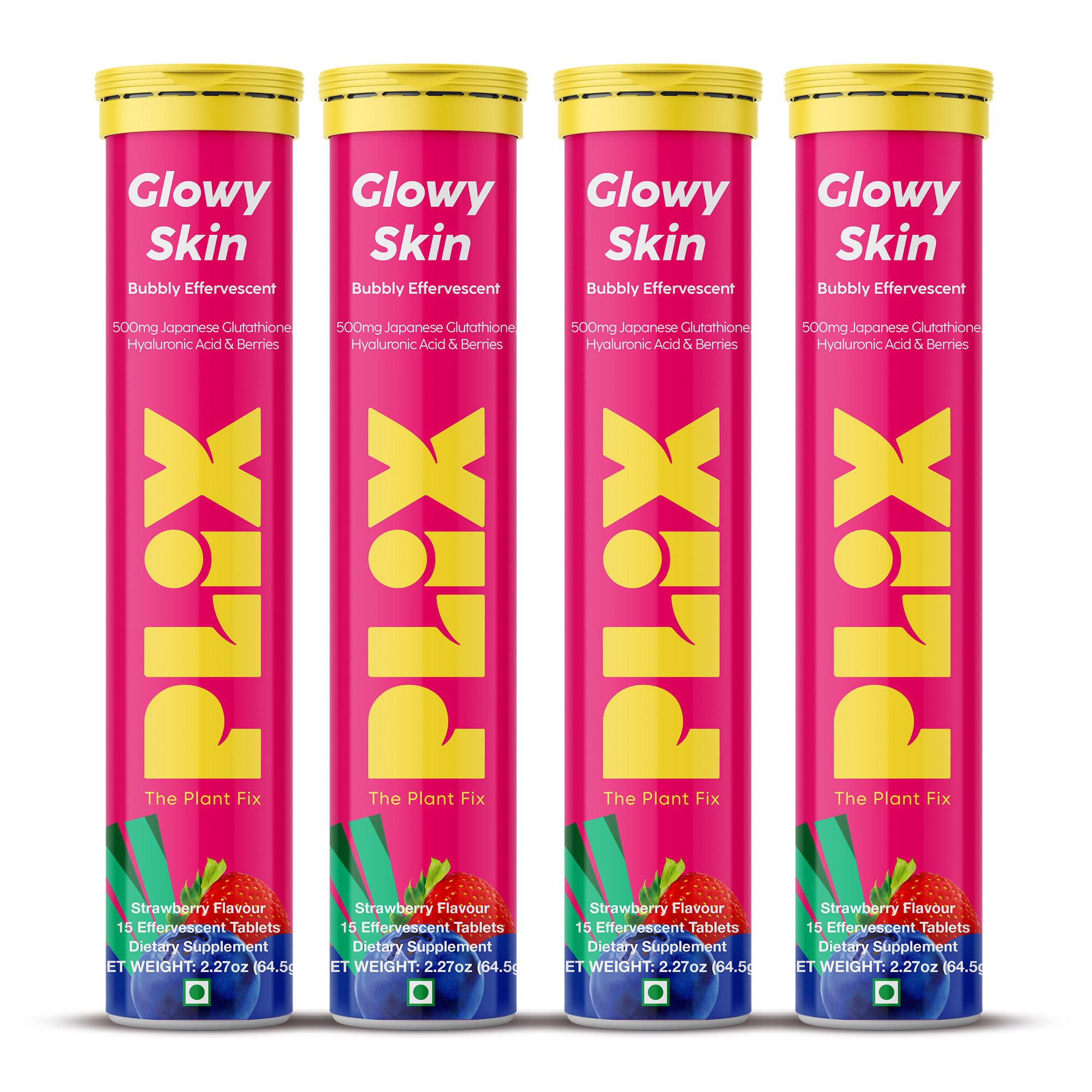 PLIX THE PLANT FIX 500mg Glutathione Skin Glow 60 Effervescent Tablets for Clear and Youthful Look | Vitamin E Reduces Pigmentation, Fades Dark Spots, Hydration | Pack of 4, Strawberry Flavour 60 Tablets (Pack of 4)