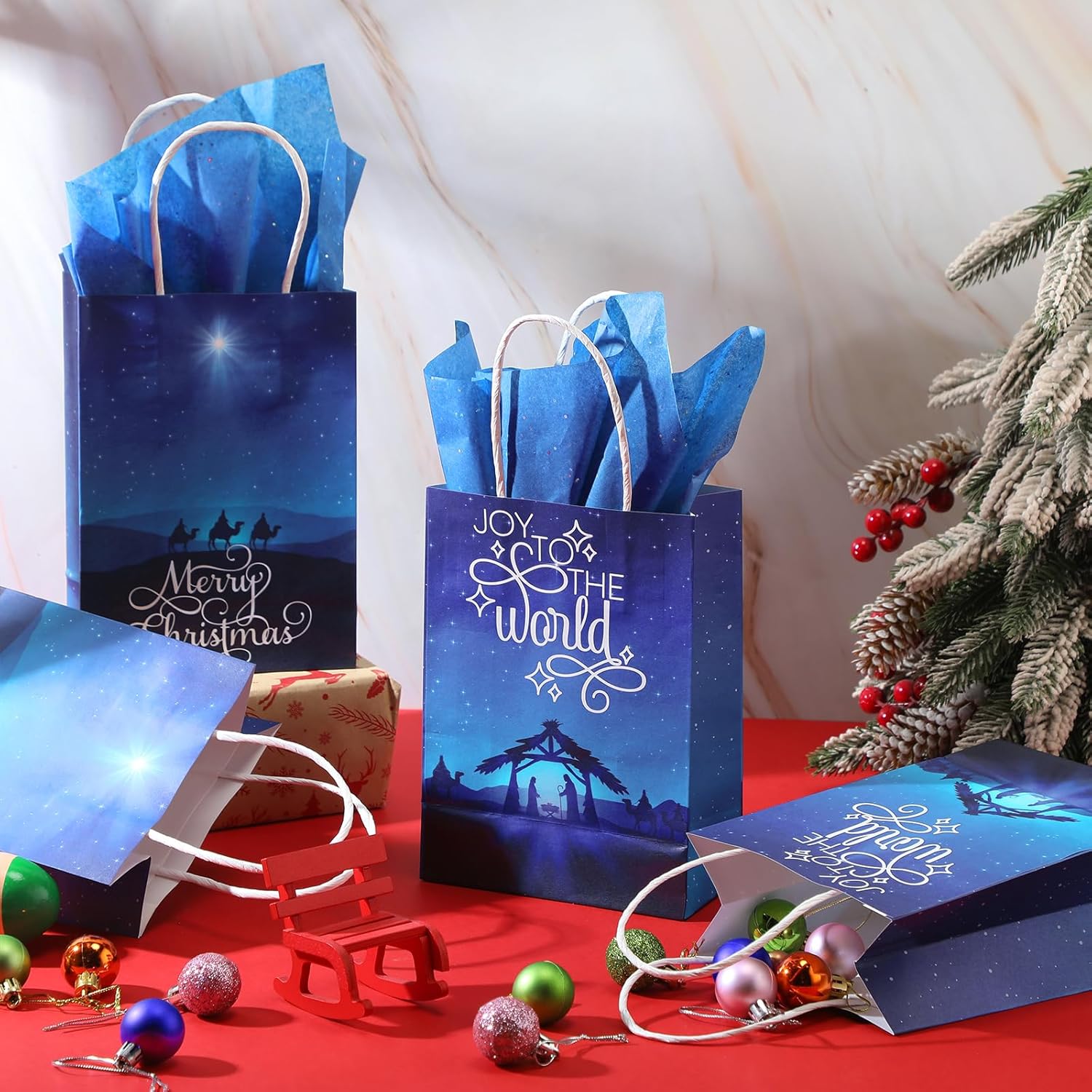 Cholemy 50 Sets Christmas Nativity Gift Bags Christian Merry Christmas Goodie Present Bags with Handles Joy to the World Gift Bags with Tissue Paper for Holy Nativity Religious Xmas Holiday Party