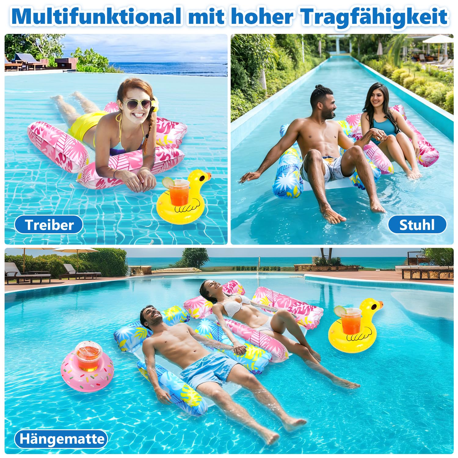 2 Stück Luftmatratze Wasser mit 1 Luftpump und 2 Getränkehalter，4 in 1 Wasserhängematte mit Netz Aufblasbare Schwimmsessel Wasser Matratze Pool Zubehör Liege Sofa Stuhl Sitz Erwachsene Kinder Stabil