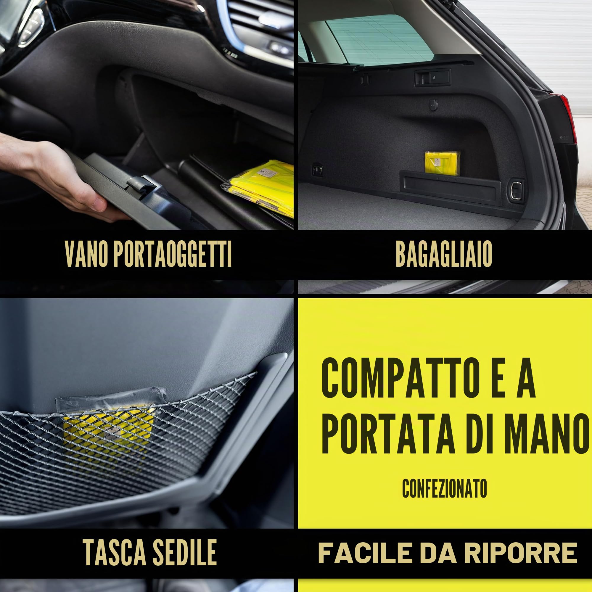 HELDENWERK Giubbotti di sicurezza per auto, set da 4 pezzi, validi in tutta Europa, secondo la norma attuale 2026 EN ISO 20471, gilet di sicurezza riflettente, per adulti