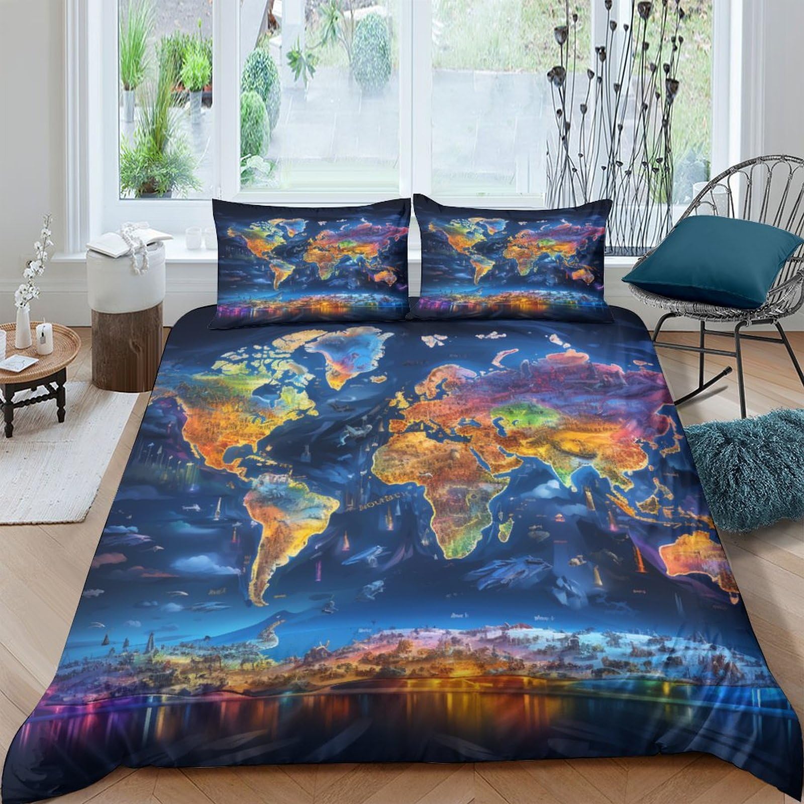 Housse de couette carte du monde 3D lit double 200x200cm douce