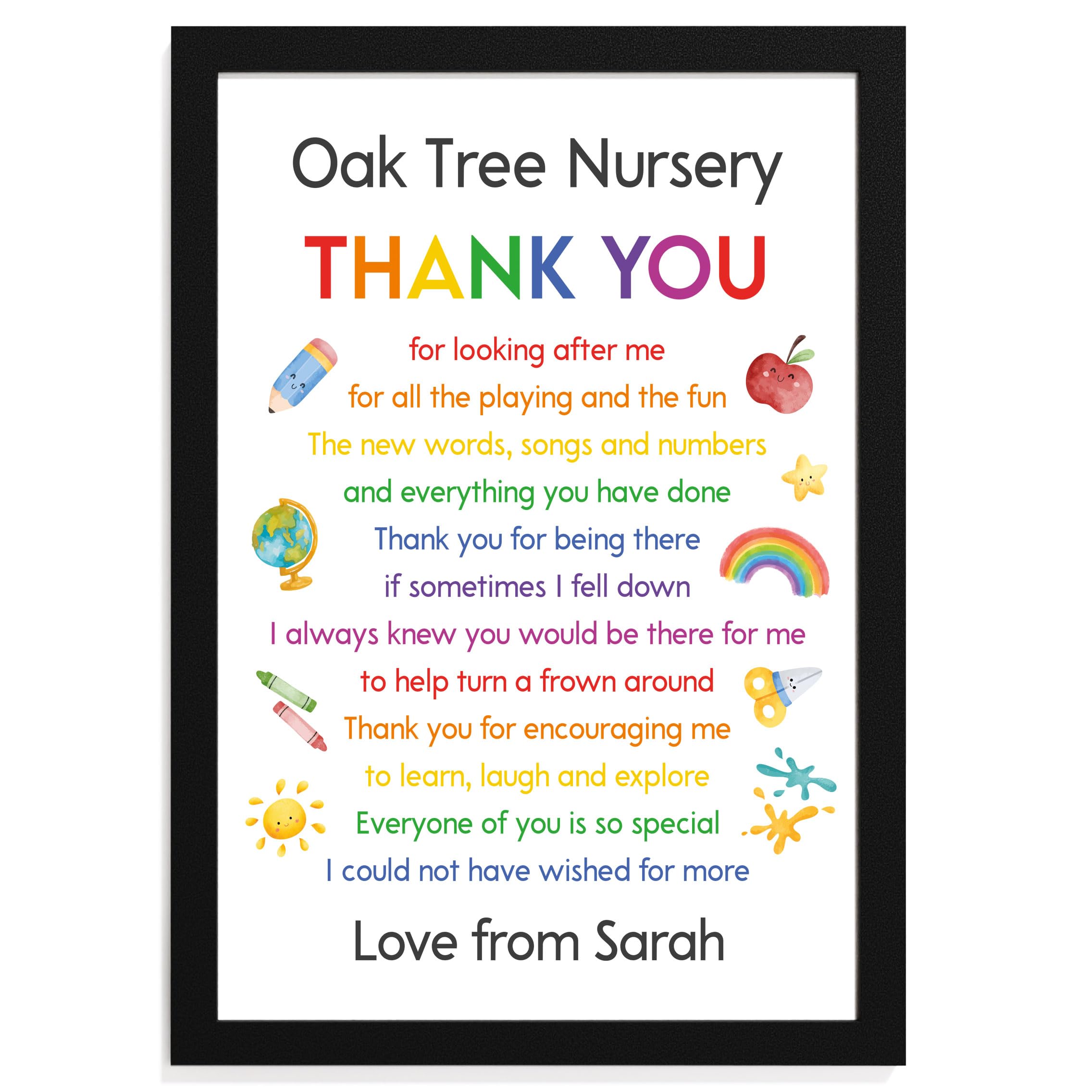 Beecreative Personalised Thank You Nursery Teacher Gifts - A5, A4 Print with Wooden Frame - Pre School Thank You Present