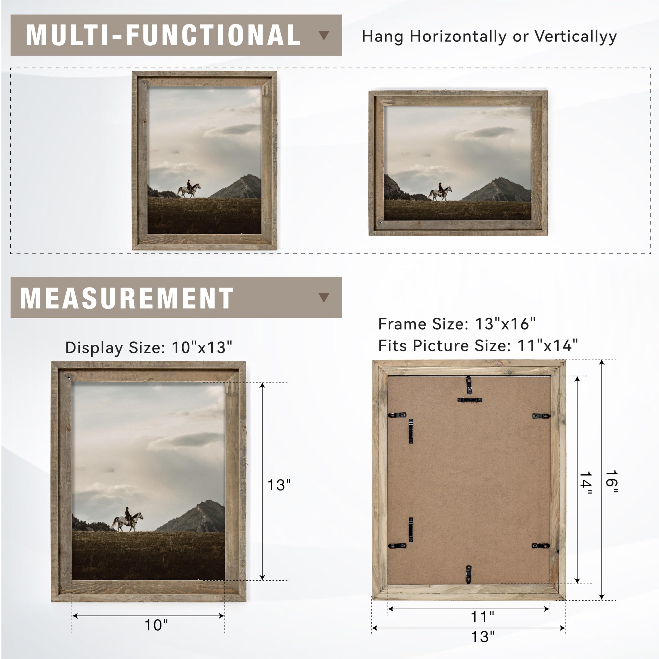 Rustic 11x14 Picture Frame, Reclaimed Barnwood Frame with Tempered Glass, Distressed Gallery Frame Set, Mounting or Table Display for Photos Posters