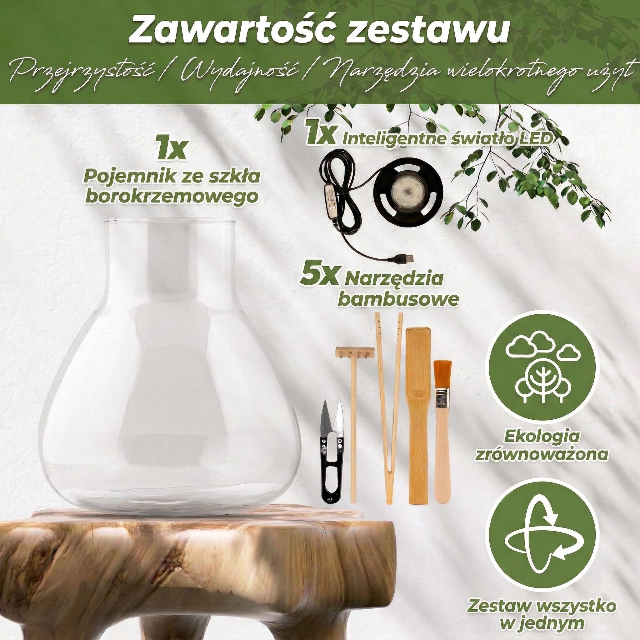 Terrarium dla roślin Terrarium Zestaw narzędzi Terrarium Zestaw narzędzi Borokrzemianowy pojemnik & Inteligentne światło LED