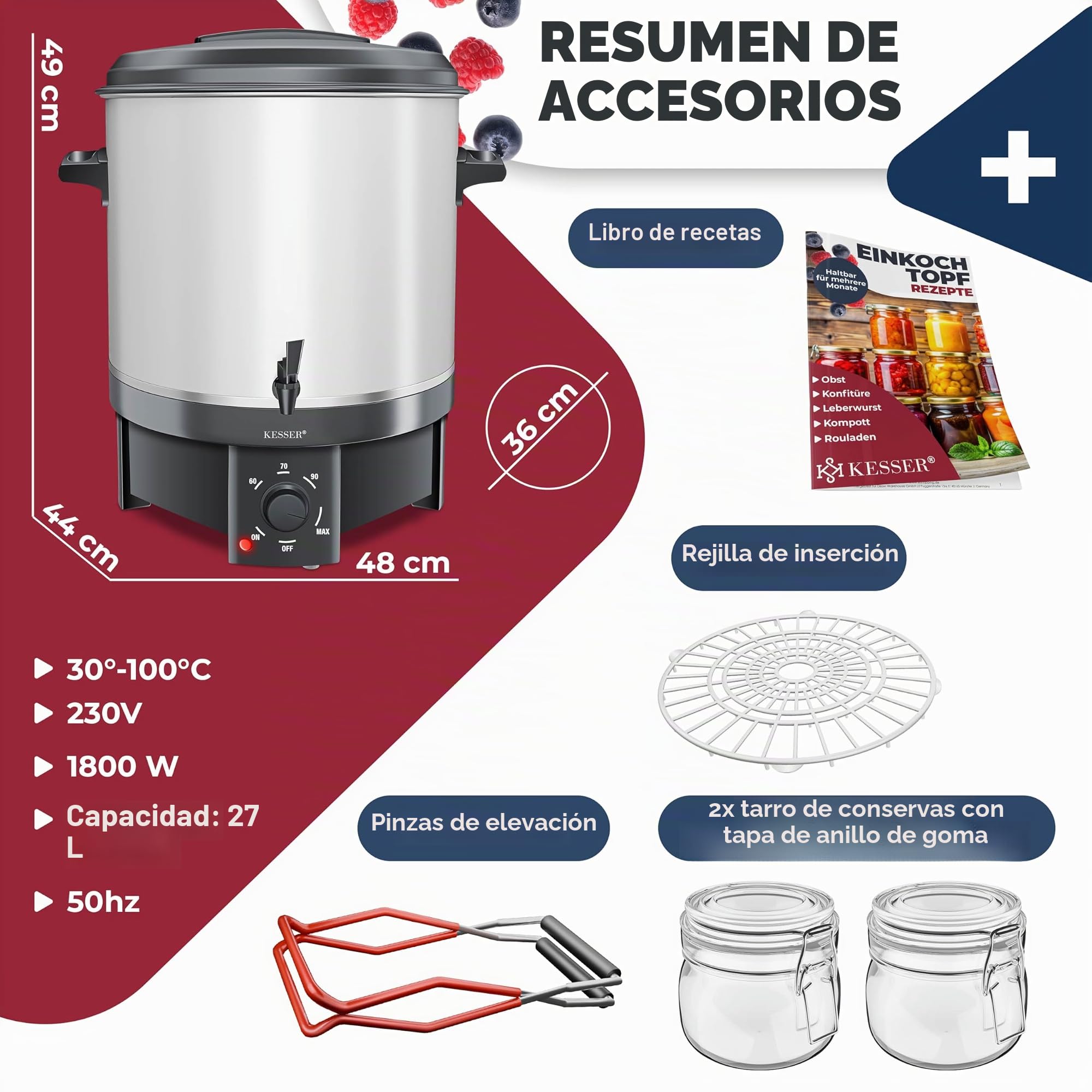 KESSER® Dispensador de Conservas de 27 Litros, 1800W, Acero Inoxidable, Automático