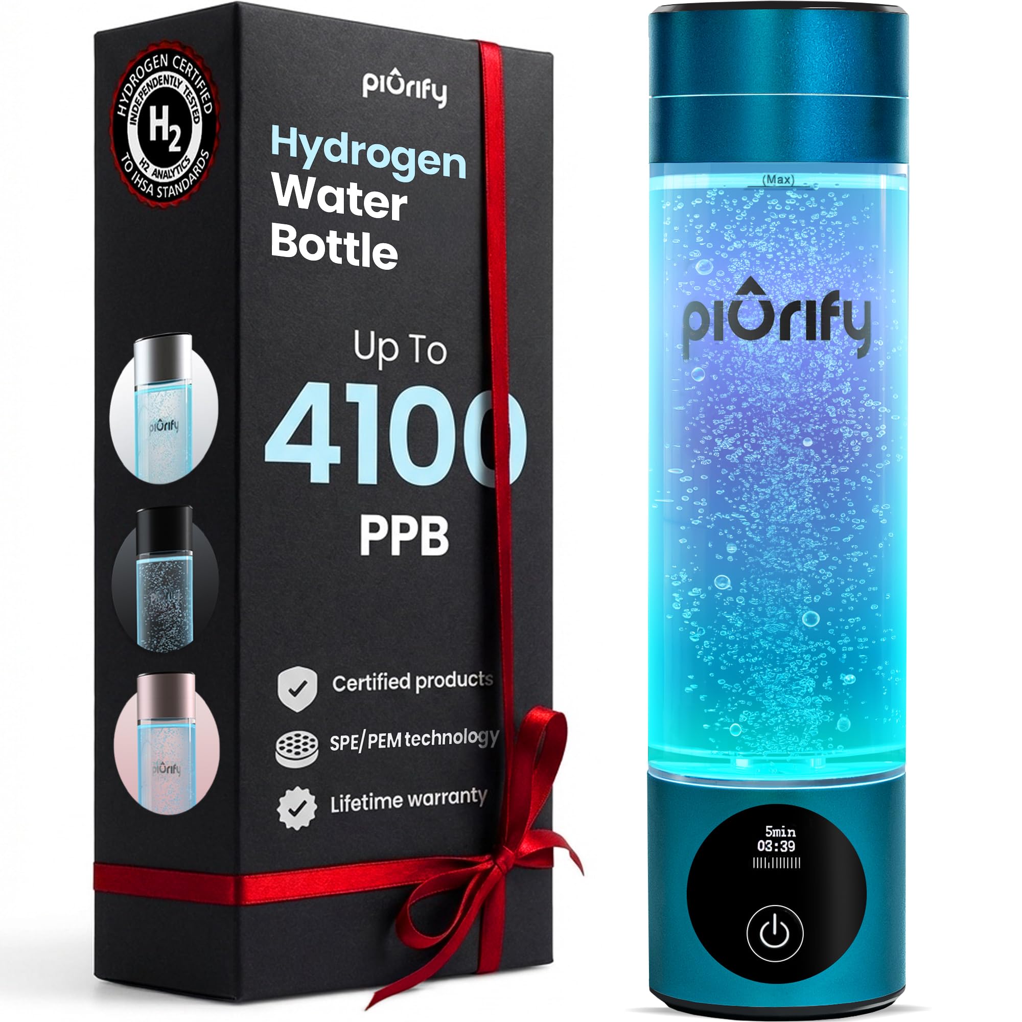 Hydrogen Water Bottle - Turquoise. Food Grade Body Tumbler; SPE/pem Technology, Generates Real 3000ppb Pure Hydrogen Rich Concentration. Dupont Membrane, Purification Vent, OLED Display.