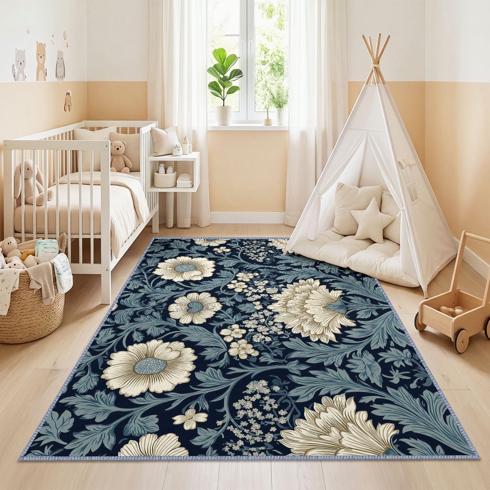 Générique Marguerite Feuille Tapis Salon 200x300 cm, Lavable en Machine | Interieur Poil Ra Antidérapant Tapis, Rustique Imprimé Bohème pour Chambre Manger Bureau Cuisine