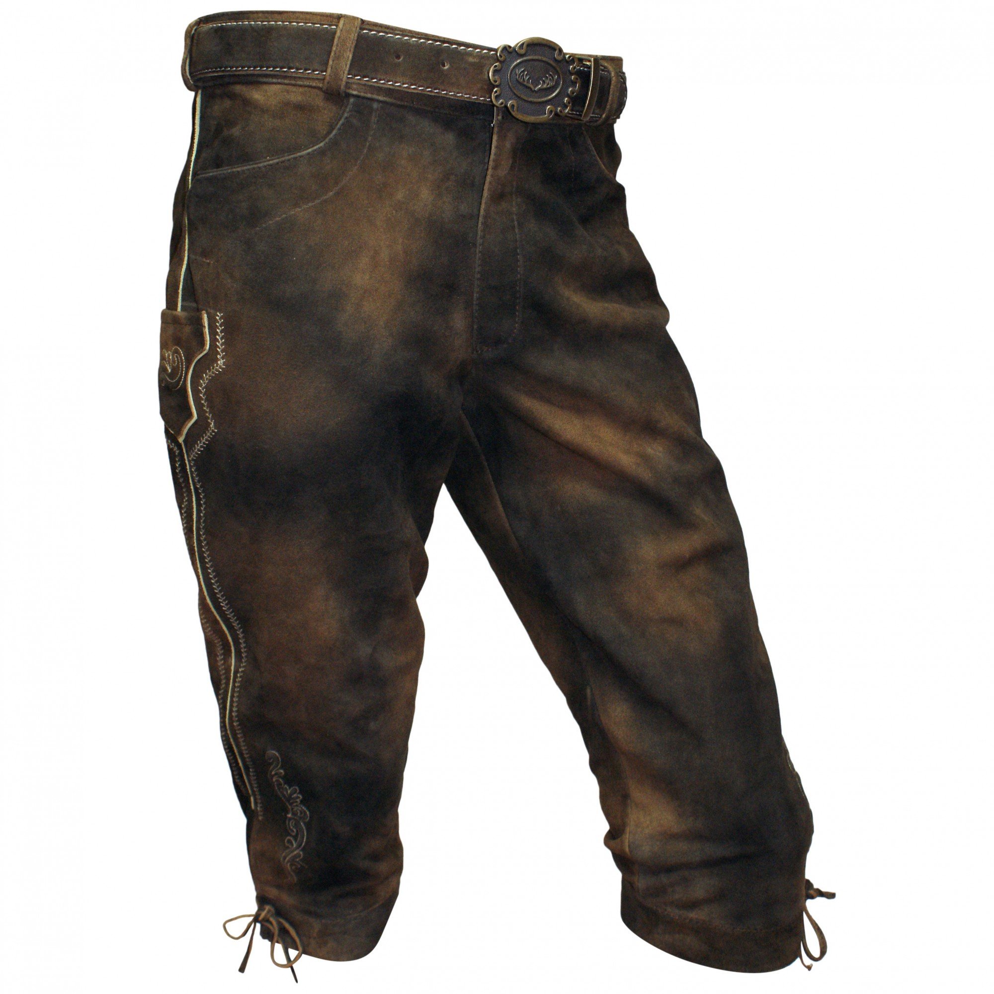 Lederhose Kniebundhose Leder braun Antik-Patina Trachtenlederhose Herren Zipp Knickerbocker Reißverschluss Wildbockleder Trachten Kniebund Wandern Hose mit Gürtel, auch für Damen 58 B