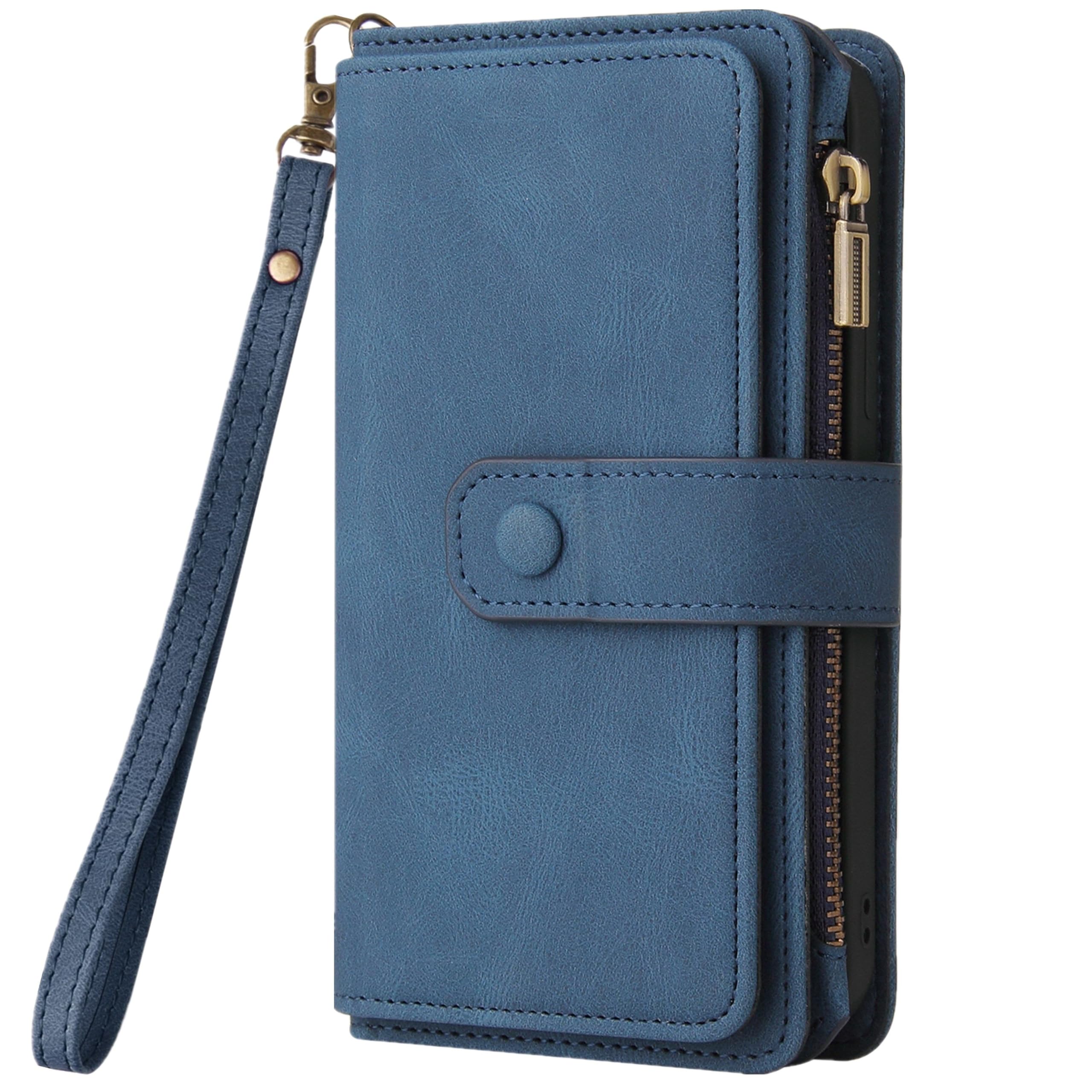 HUANGTAOLIPU Leather Zipper Pouch Wallet Phone Case Compatible with iPhone 7, Kickstand and 15 Card Slots