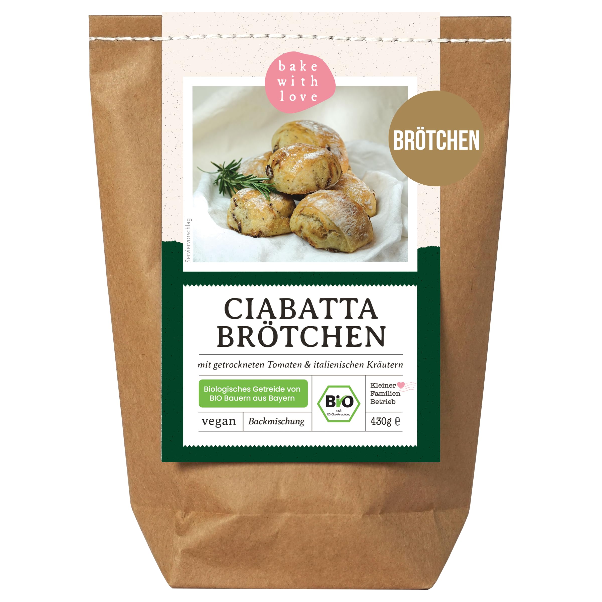 Bio Ciabatta Brötchen Backmischung – mit Tomaten, Kräutern & knuspriger Kruste – luftige italienische Brötchen für den Ofen – fast ohne Hefe – Bake with Love - 10er Pack