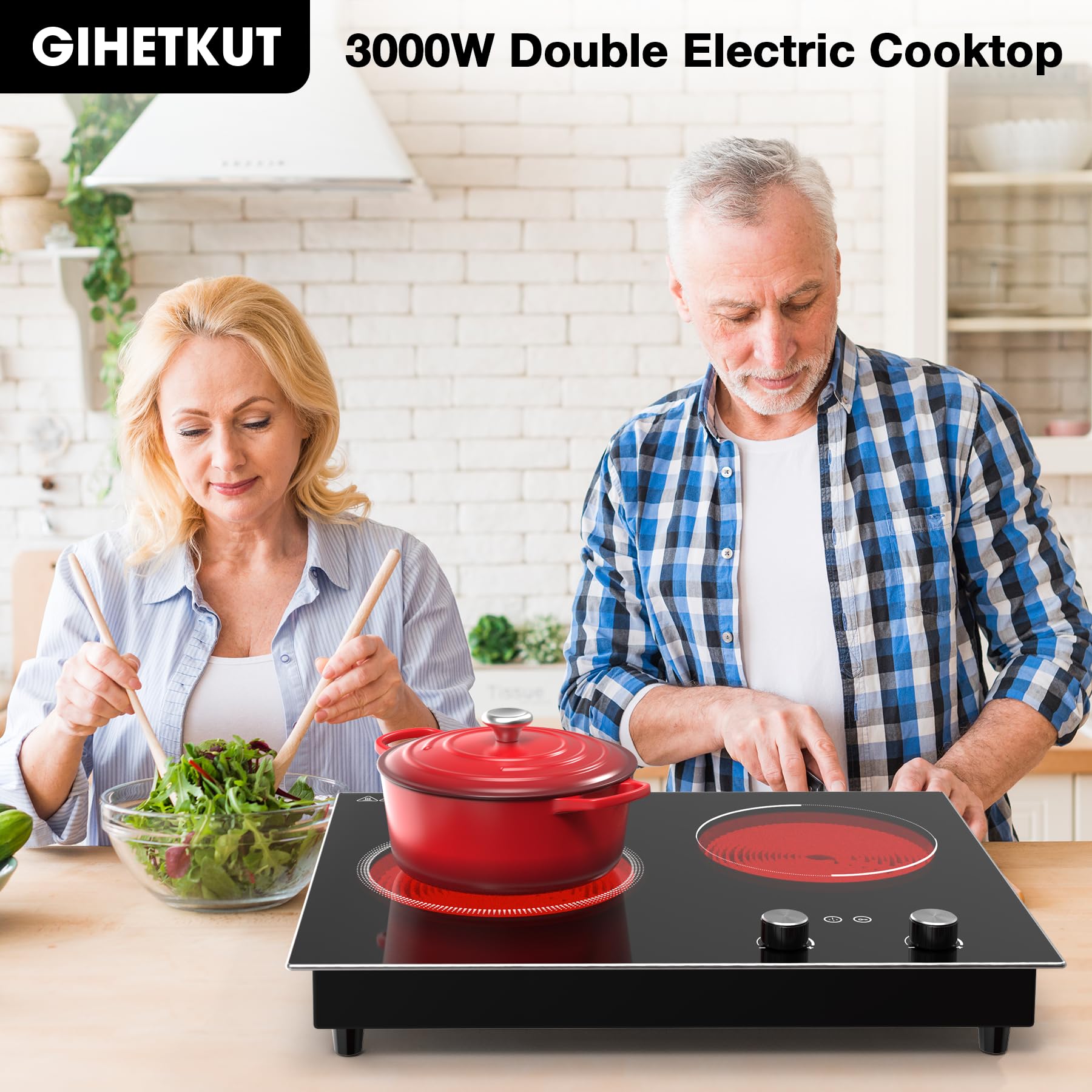 GIHETKUT Electric Cooktop,1110V 2100W Built-in & Countertop Stove Top with10 Heating Level, Timer & Kid Safety Lock, LED Knob Touch Control 2 Burner Electric Cooktop