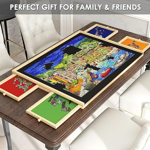 Miniatura 4 de Lovinouse Tablero de rompecabezas con cubierta mesa de rompecabezas de madera con cajones organizador de almacenamiento de rompecabezas
