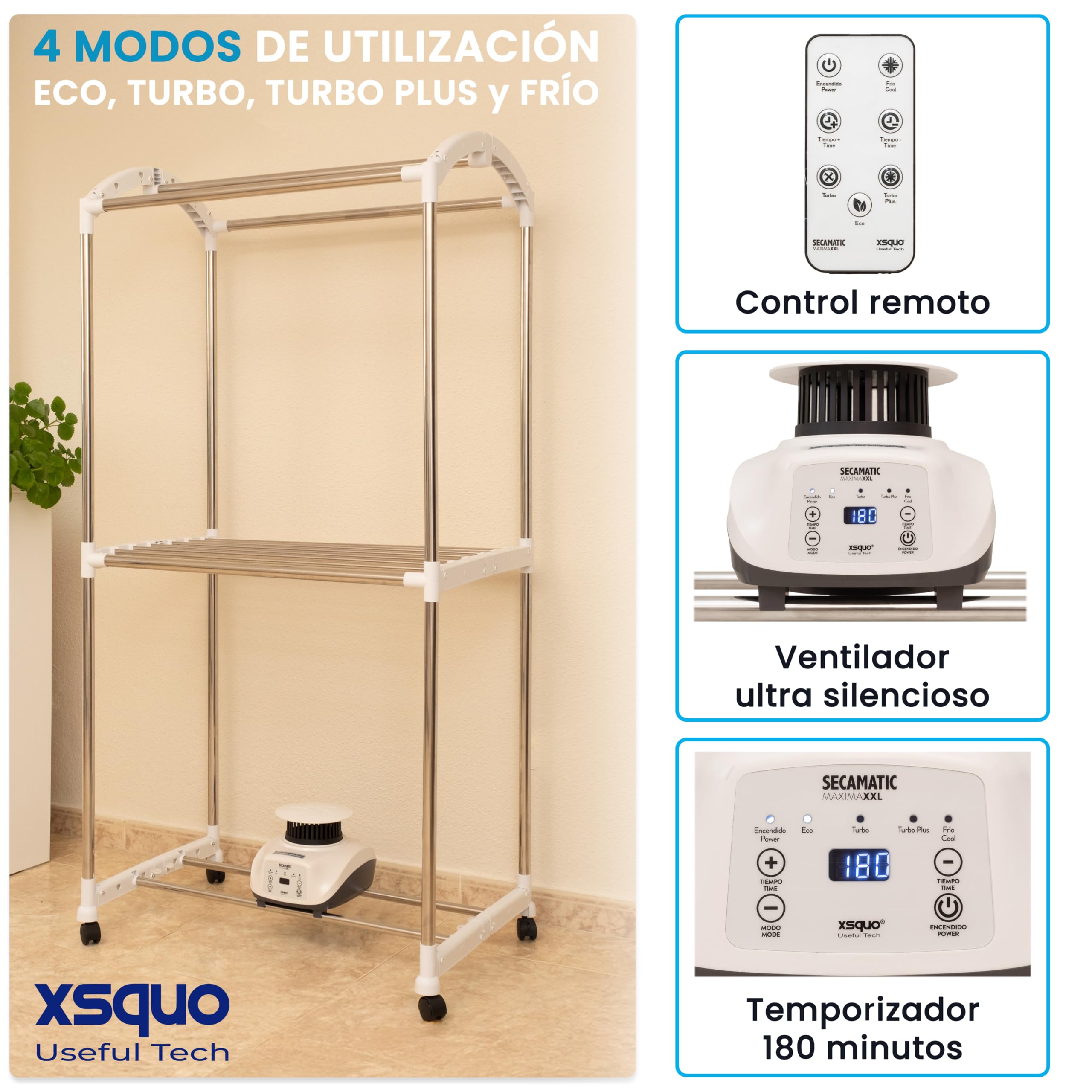 Secamatic Wäschetrockner Maximal XXL pro Belüftung, 1200 W, Trocknerkapazität 15 kg und 30 kg Wäscheständer und Schrank, Timer 180 min, leise, Multifunktion: