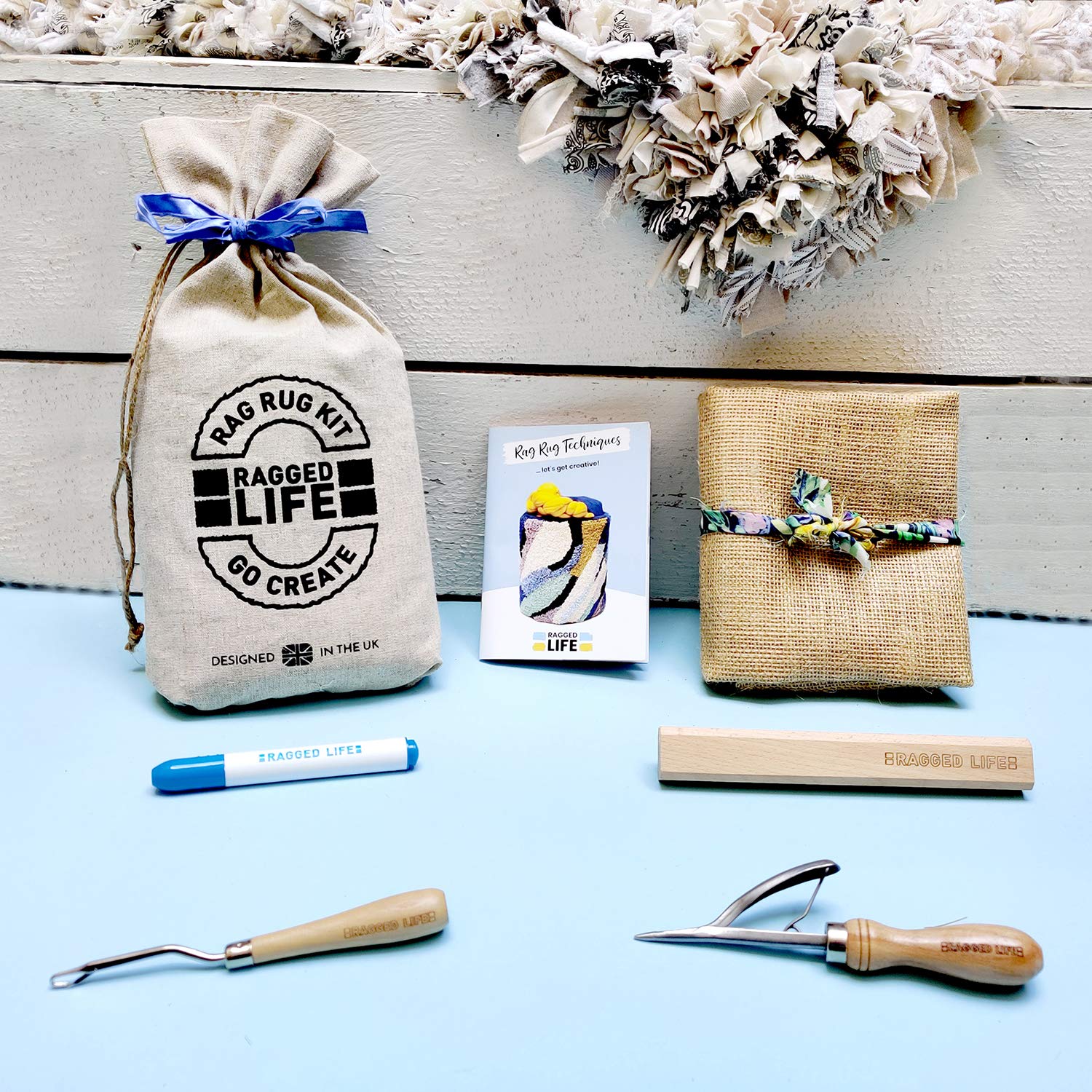 "Rag Rug" Kit 'Easy Peasy' with Spring Tool - 100 x 60cm Rug Hemmed Hessian, Best for Beginners, All Tools Included