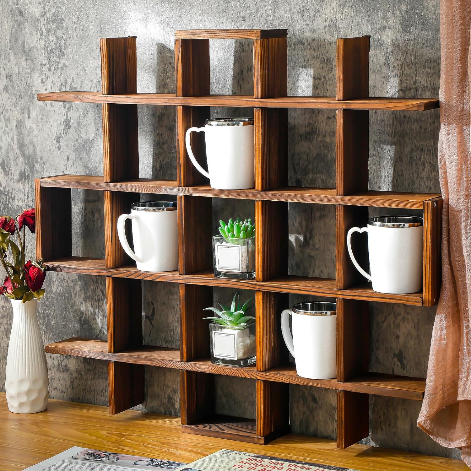 Suzile Oversize Coffee Mug Display Rack Wooden Display Shelves Rustic Wooden Floating Curio Shelf Travel Wall Mounted Coffee Mug Rack Holder Shadow Box Shelf (Grid Size 5.1x5.1x3in,Rustic Brown) Grid Size 5.1x5.1x3in Rustic Brown