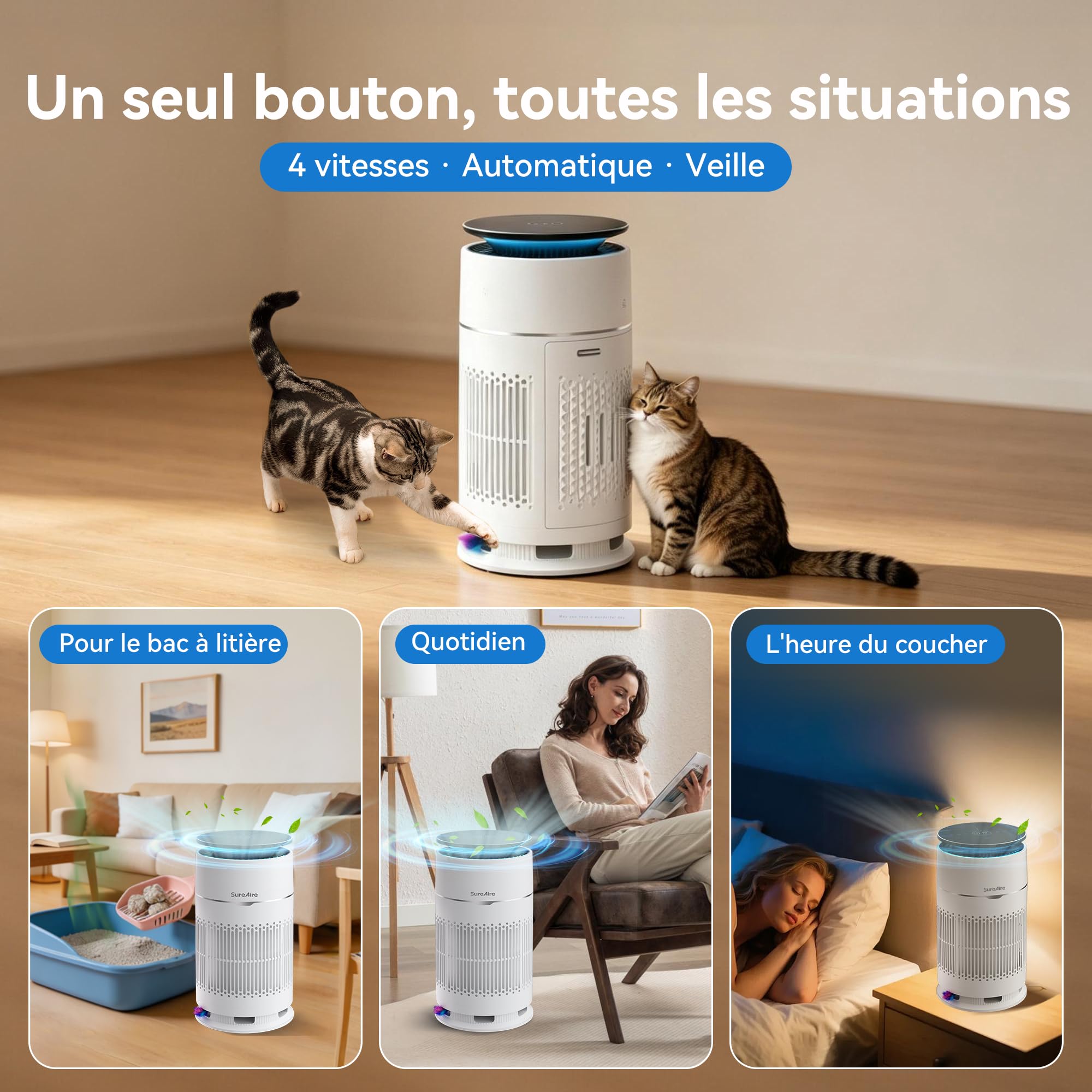 Purificateurs d'air pour chat avec filtre HEPA, purificateur d'air de bureau avec préfiltre remplaçable et teaser pour chat, filtres d'admission d'air à 360 ° Modèle: AP-D1-GP201-T