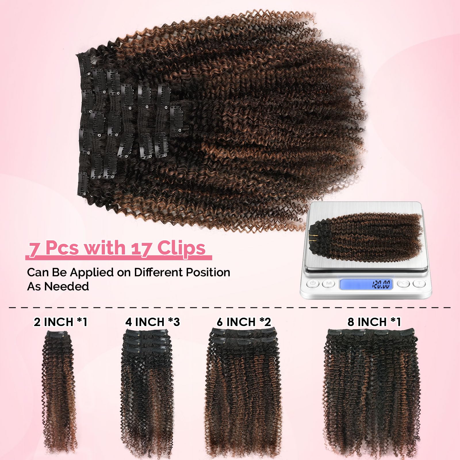 Yuniffe Afro Curly Clip in Human Hair Extensions for Black Women 4A Culry Clip ins Natural Black Color to Black #1B Mixed With Medium Auburn #30 Double Weft Remy Hair Extensions 20 Inch 7Pcs 120g - Image 4