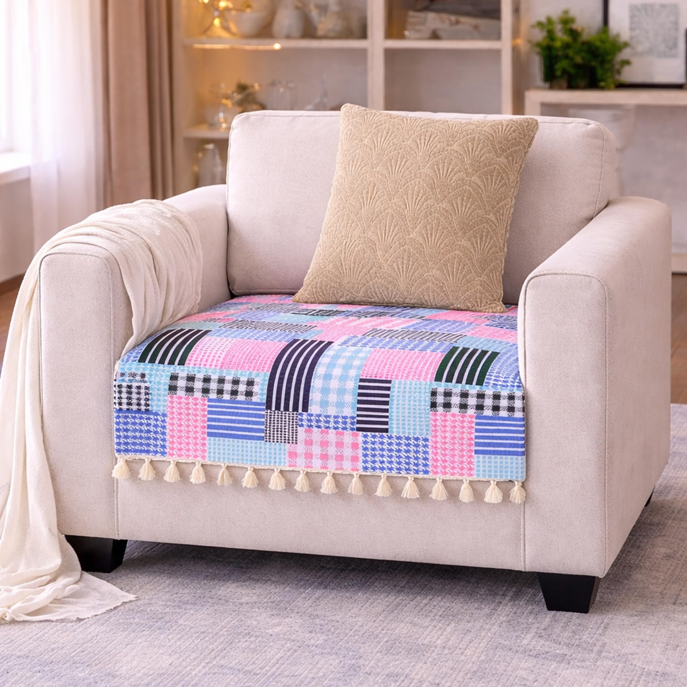 Cortina Printed Quilted Velvet Sofa Cover – Premium Sofa Couch Protector – Soft Plush Velvet, Non-Slip, Machine Washable Furniture Cover (Light Blue, 1 Seater)-image-25
